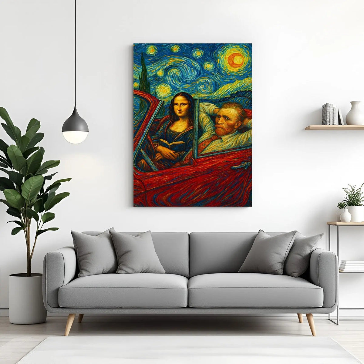 Timeless Masters Road Trip canvas print featuring iconic art-inspired figures in a vibrant modern artistic scene
