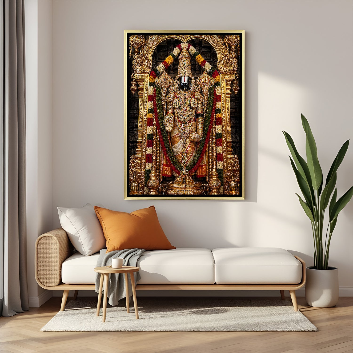 Lord Venkateswara canvas painting with ornate jewelry and flower garlands in luxurious golden floater frame