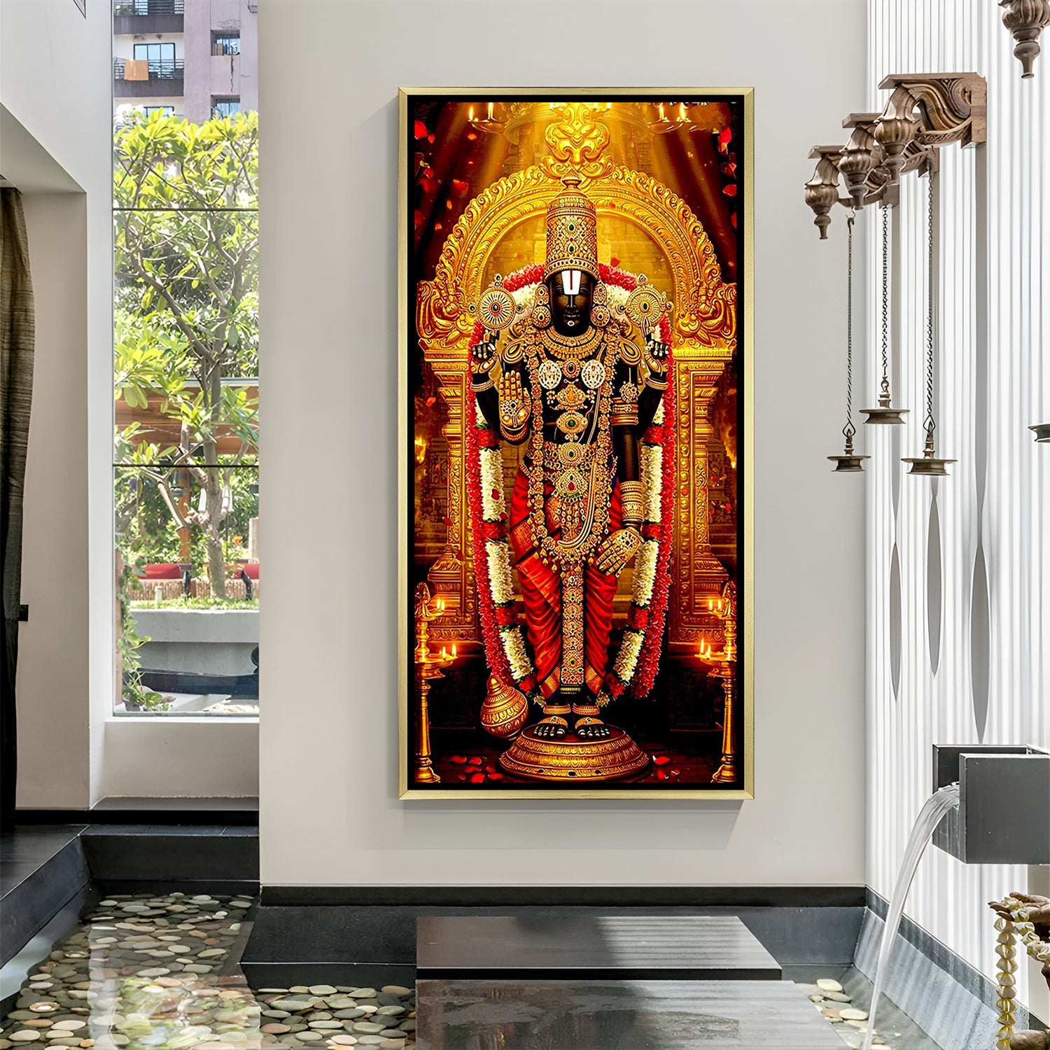 sacred Tirupati Balaji artwork displayed in modern home for spiritual ambience and divine protection