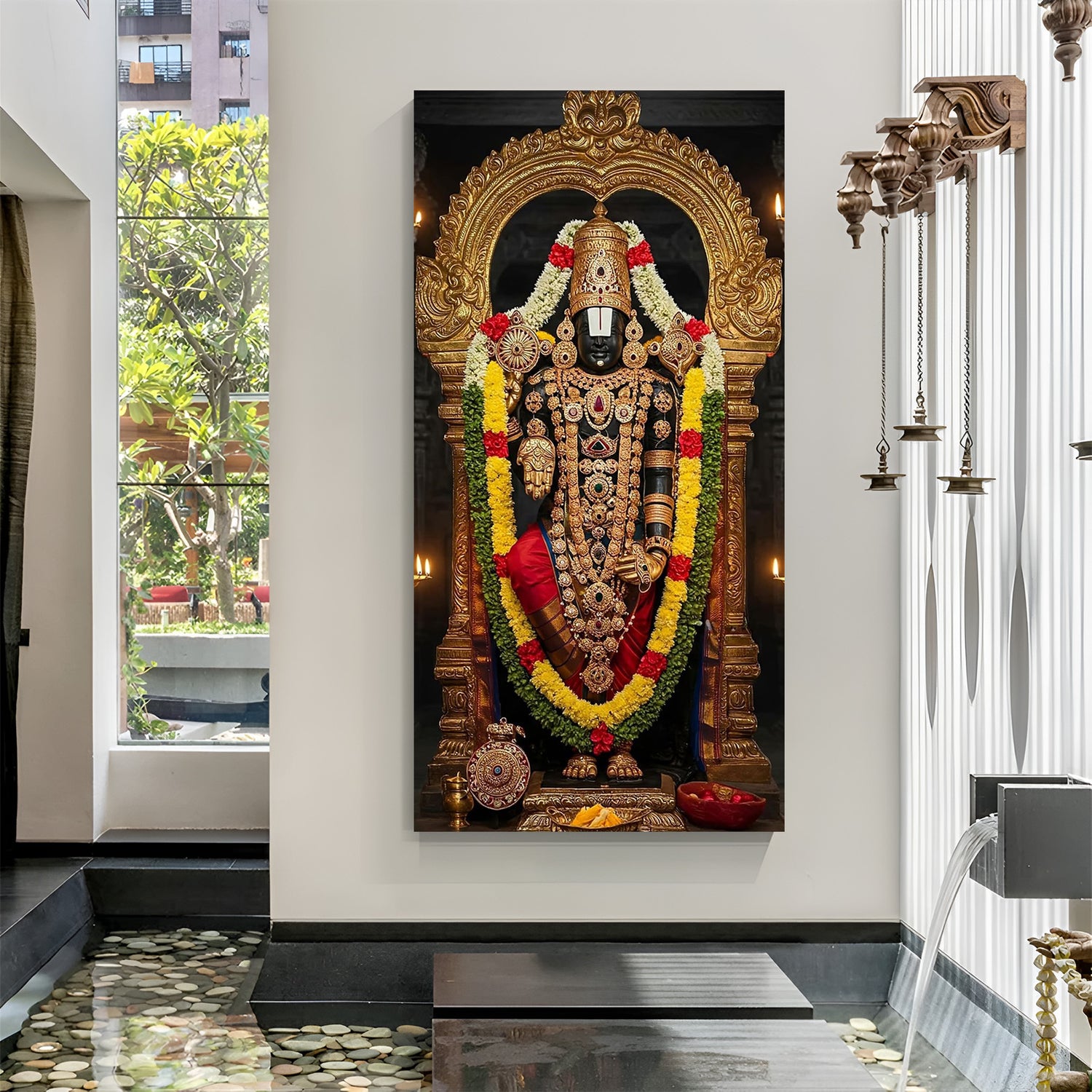 Tirupati Balaji smiling face canvas wall art in canvas wrapped style, showcasing divine golden detailing, soft expression, and premium devotional artwork for pooja room and living room decor.