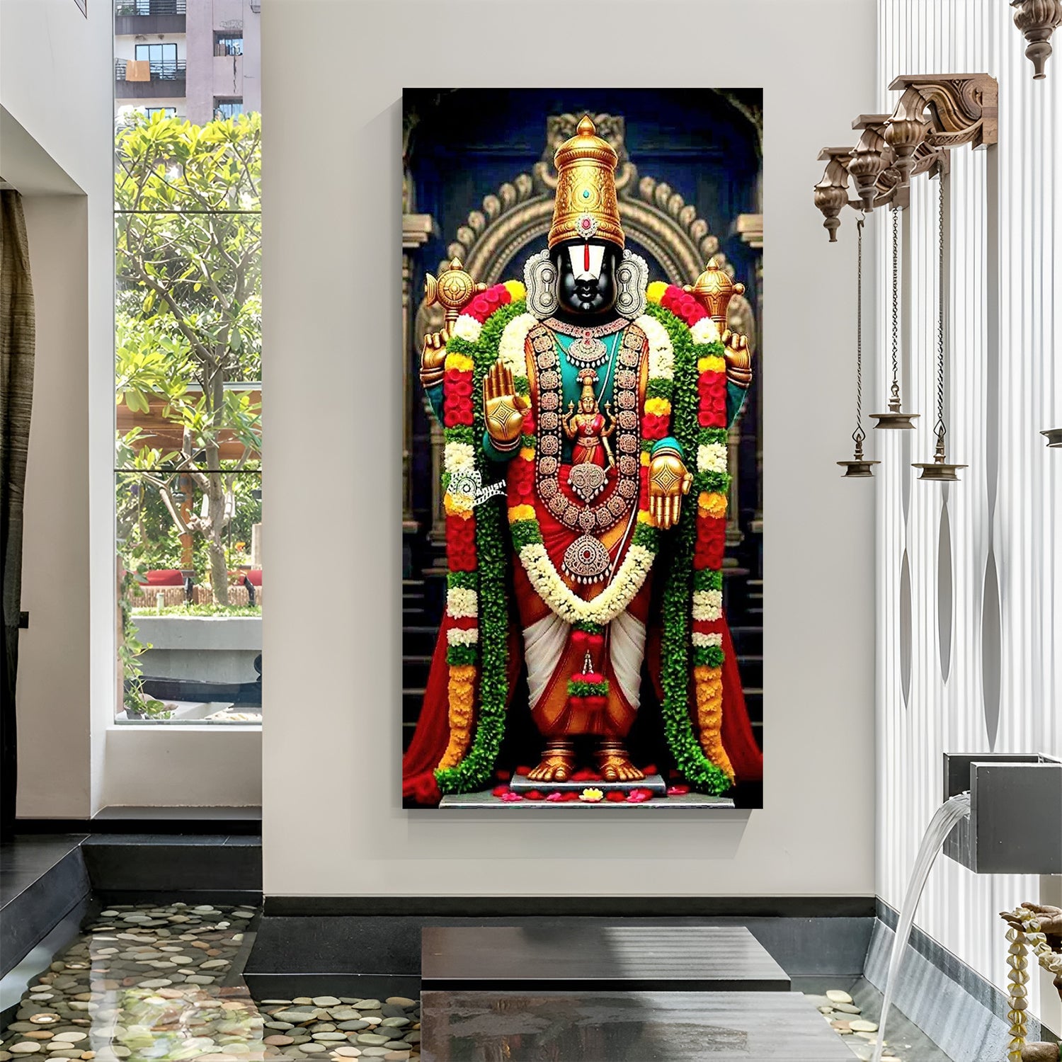 detailed canvas wall art of tirupati balaji with rich devotional colors symbolizing prosperity blessings and divine grace ideal for home and prayer space