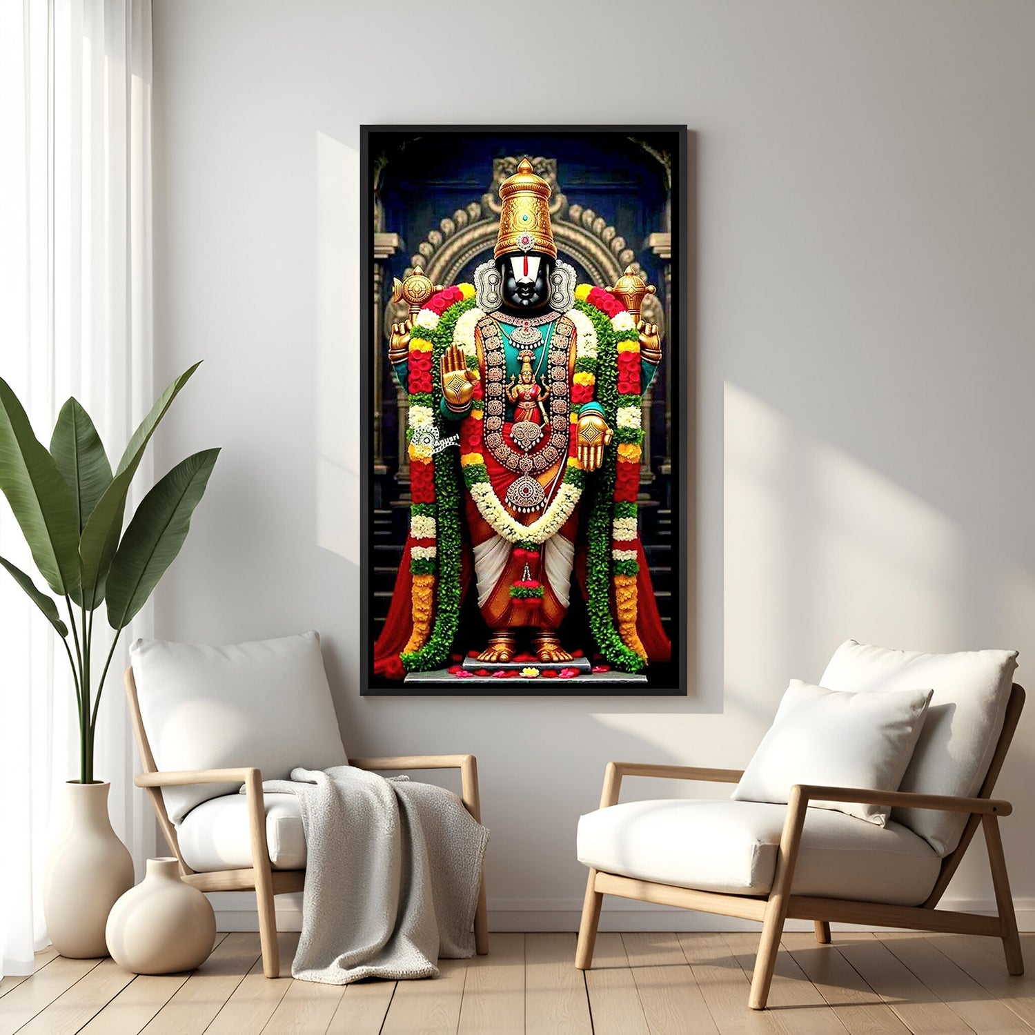tirupati balaji canvas painting framed in black floater frame with high definition detailing perfect for living room temple corner or entrance decor
