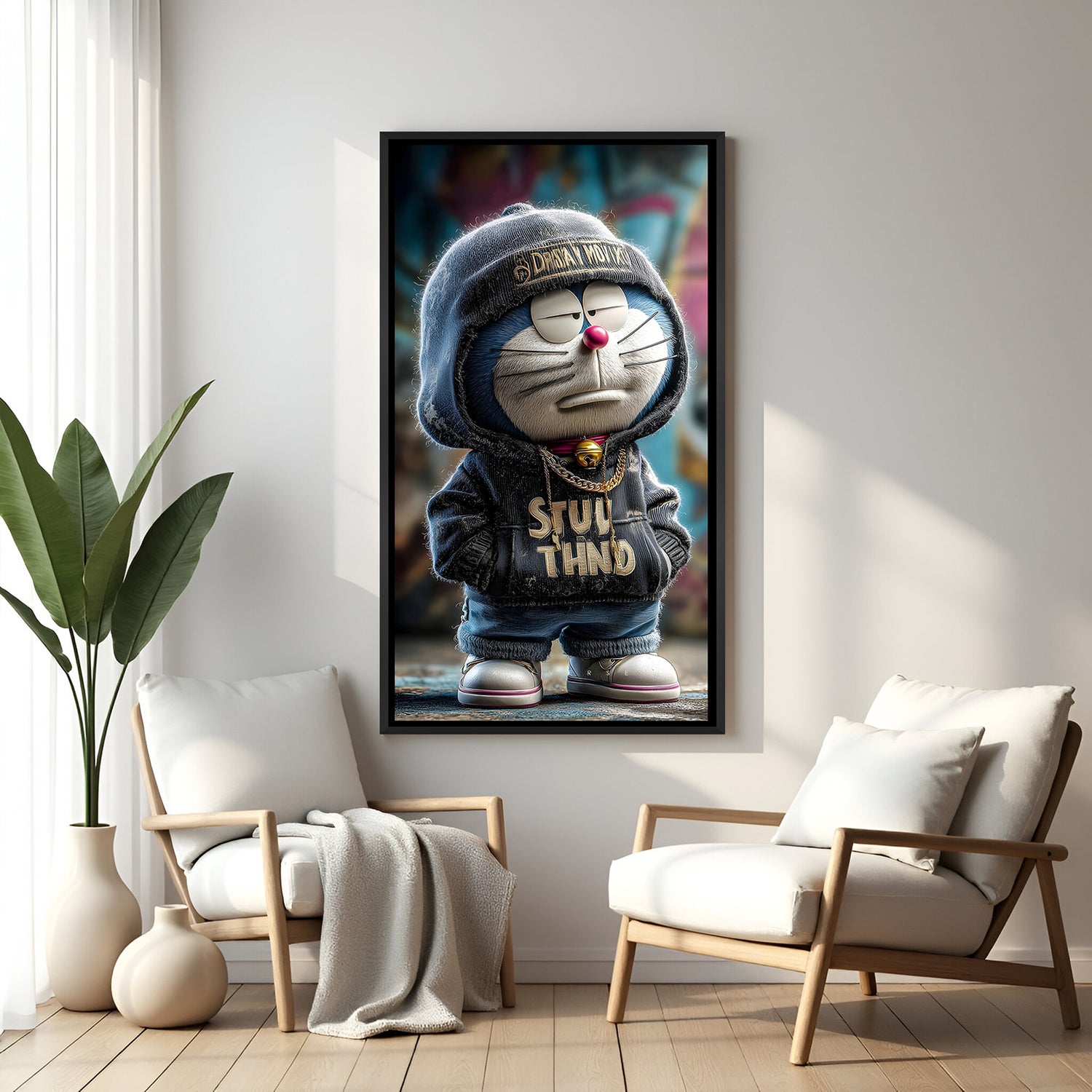 Doraemon streetwear cartoon artwork in elegant black floater frame featuring trendy fashion and relaxed attitude