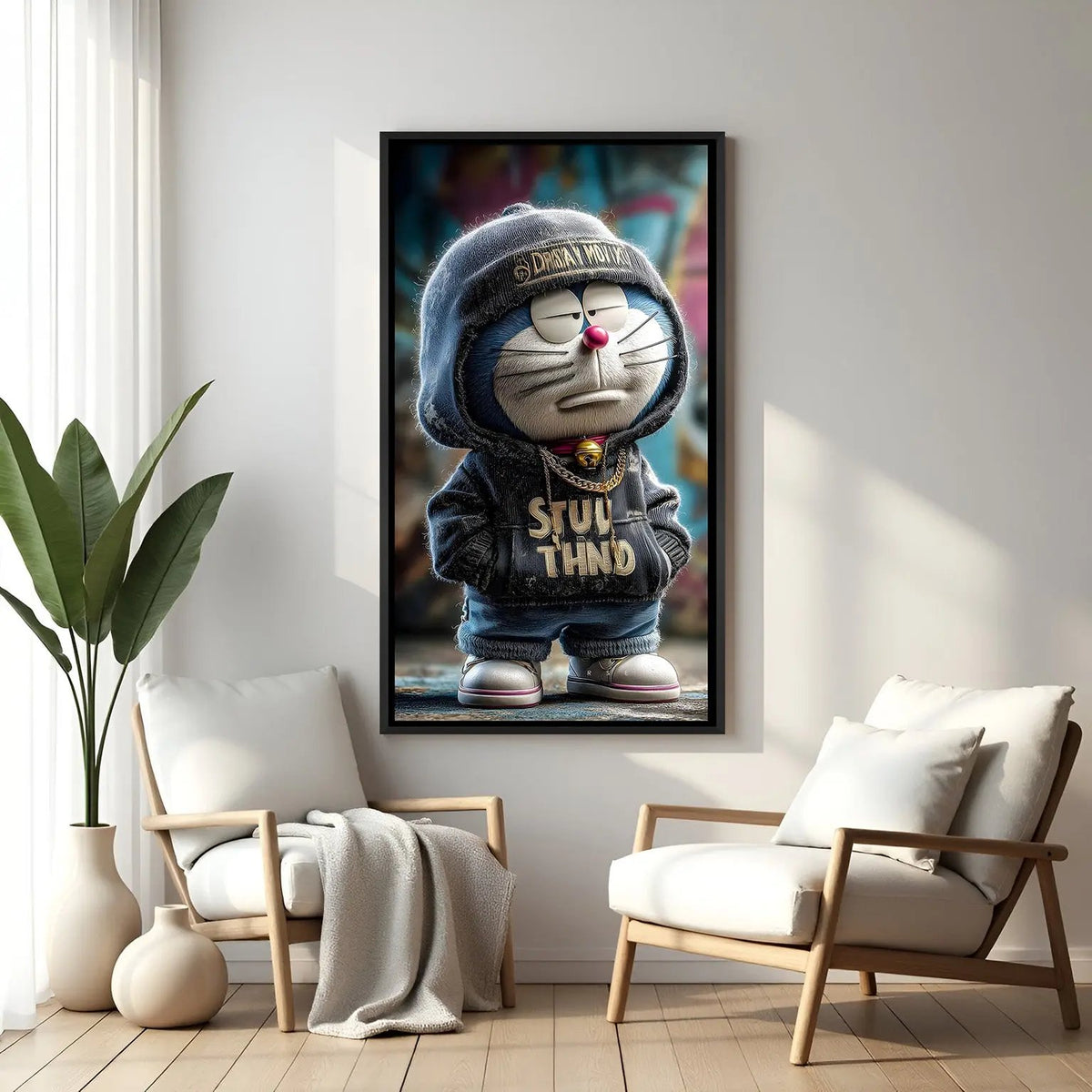 Doraemon streetwear cartoon artwork in elegant black floater frame featuring trendy fashion and relaxed attitude