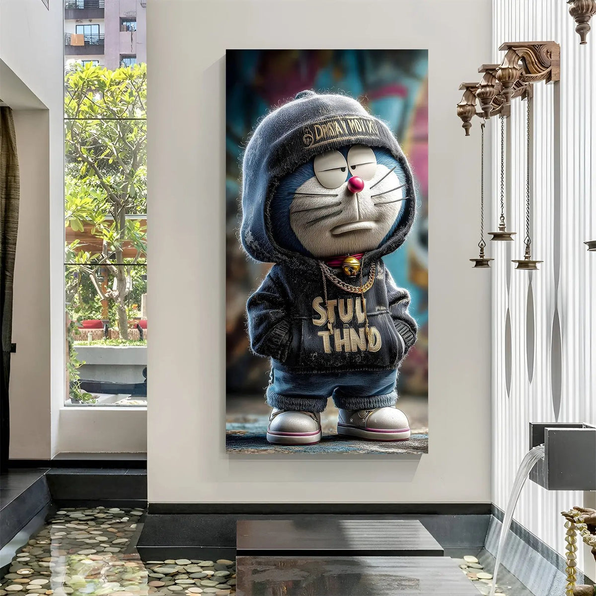 Doraemon wearing stylish streetwear clothes with bored expression canvas wall art in premium wrapped frame