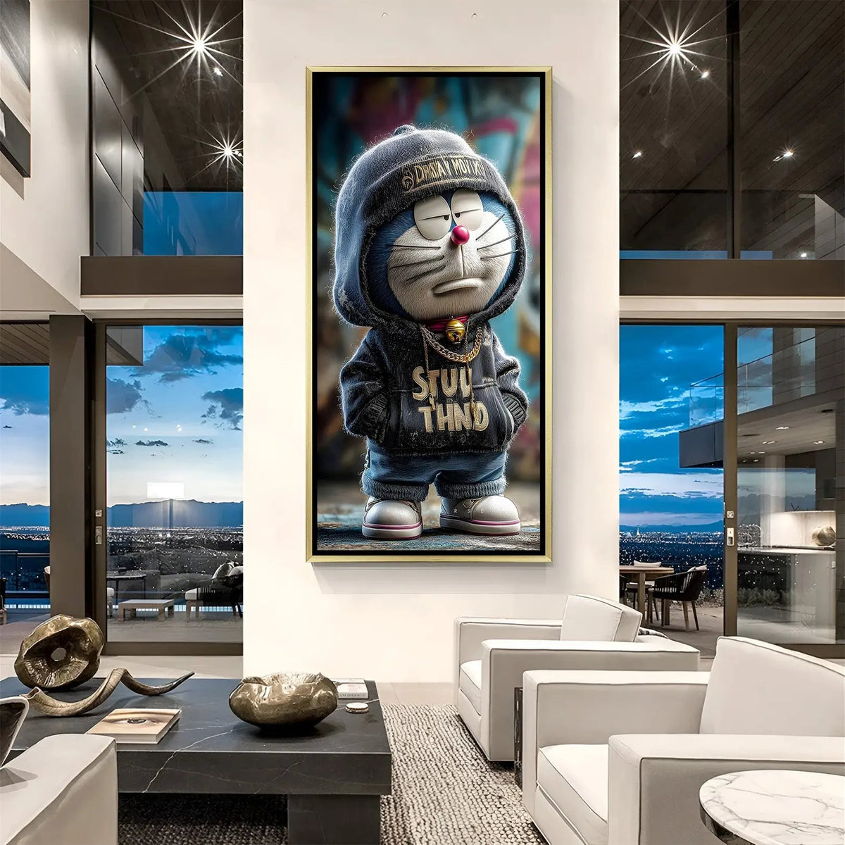 Luxury Doraemon streetwear canvas artwork in golden floater frame with modern fashion-inspired cartoon design