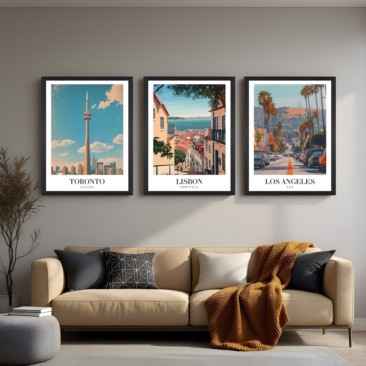 Canvas wall art trio with scenic city views and city names Toronto, Lisbon, and Los Angeles – a stylish set for global-themed interiors