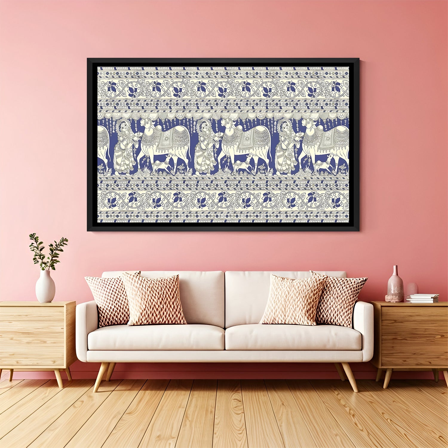 Cow Kalamkari wall painting in elegant black floater frame for traditional and modern interiors