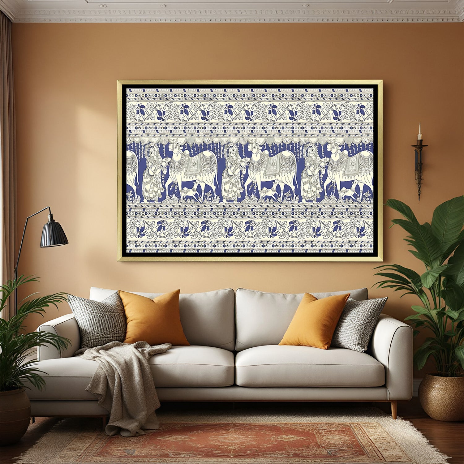 Luxury cow Kalamkari artwork in golden floater frame with handcrafted traditional Indian design