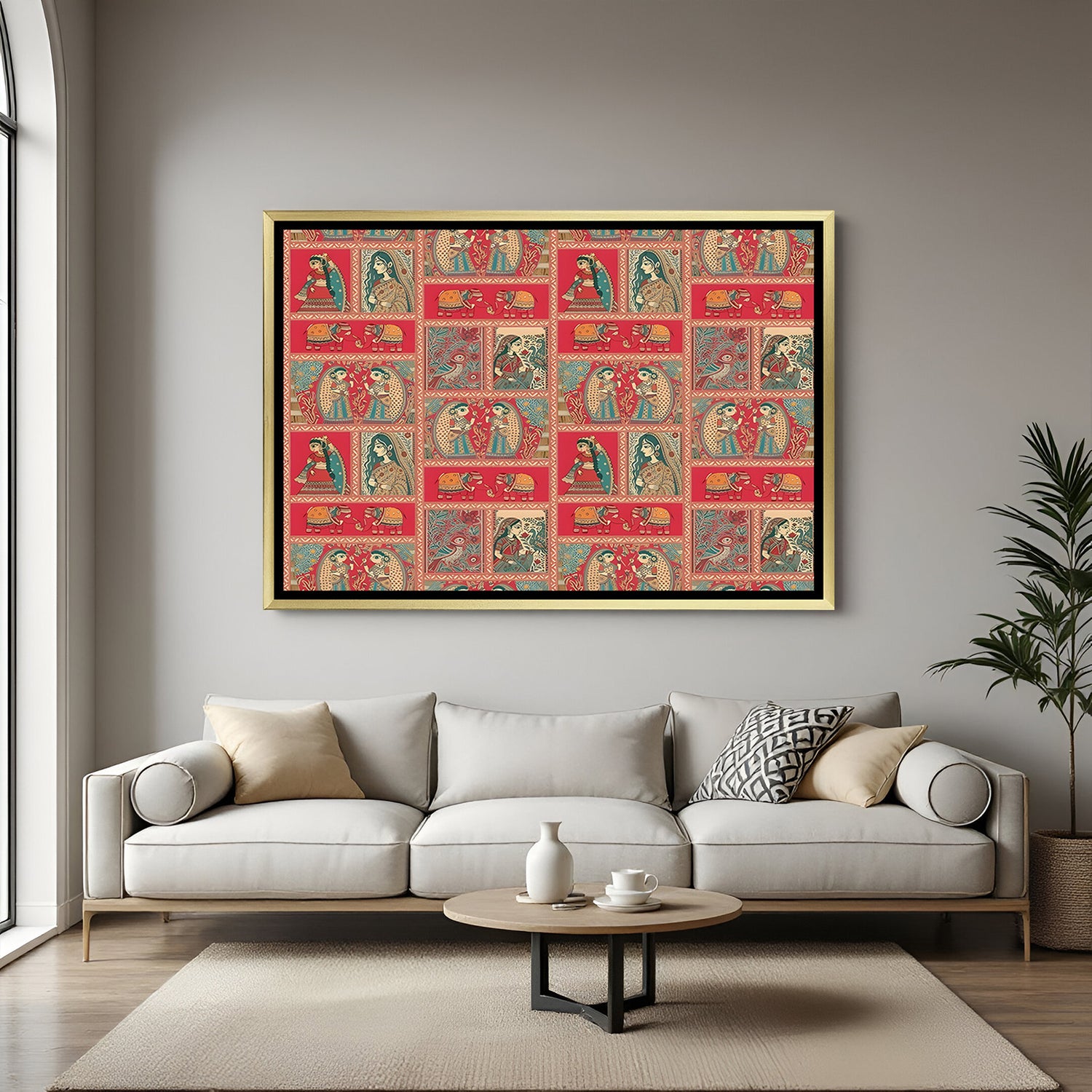 Luxury Kalamkari artwork with elephants, birds, and Indian women in golden floater frame with reddish traditional tones