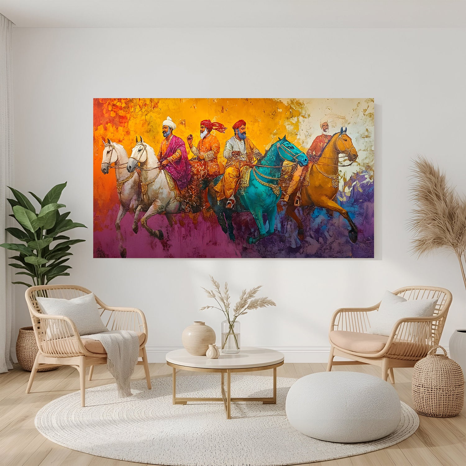 Traditional ethnic warriors on horses canvas wall art for living room decor