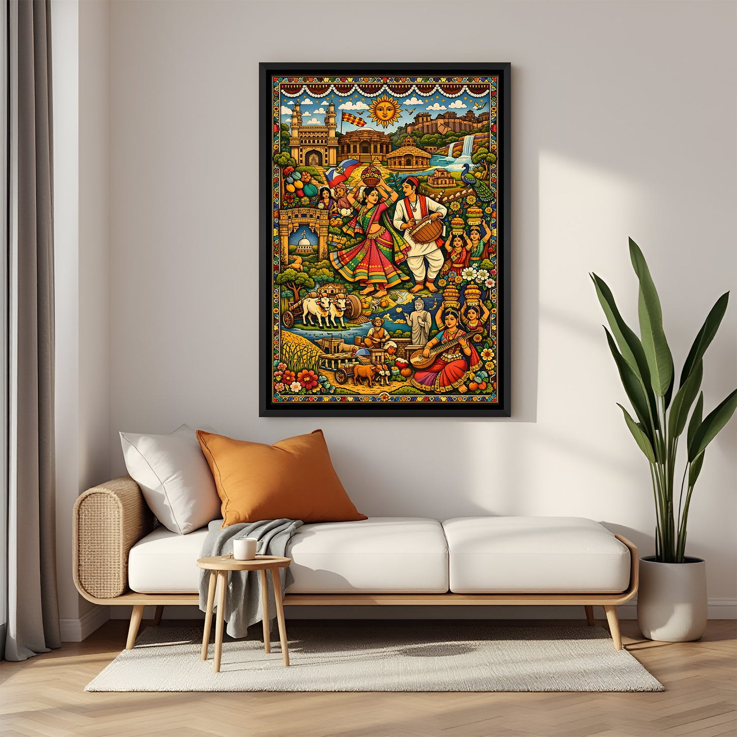 Traditional Indian dance Kalamkari wall painting in elegant black floater frame for ethnic interiors