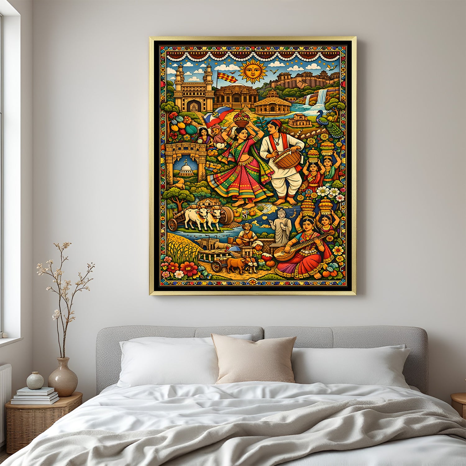 Luxury folk dance Kalamkari artwork in golden floater frame with vibrant traditional Indian detailing