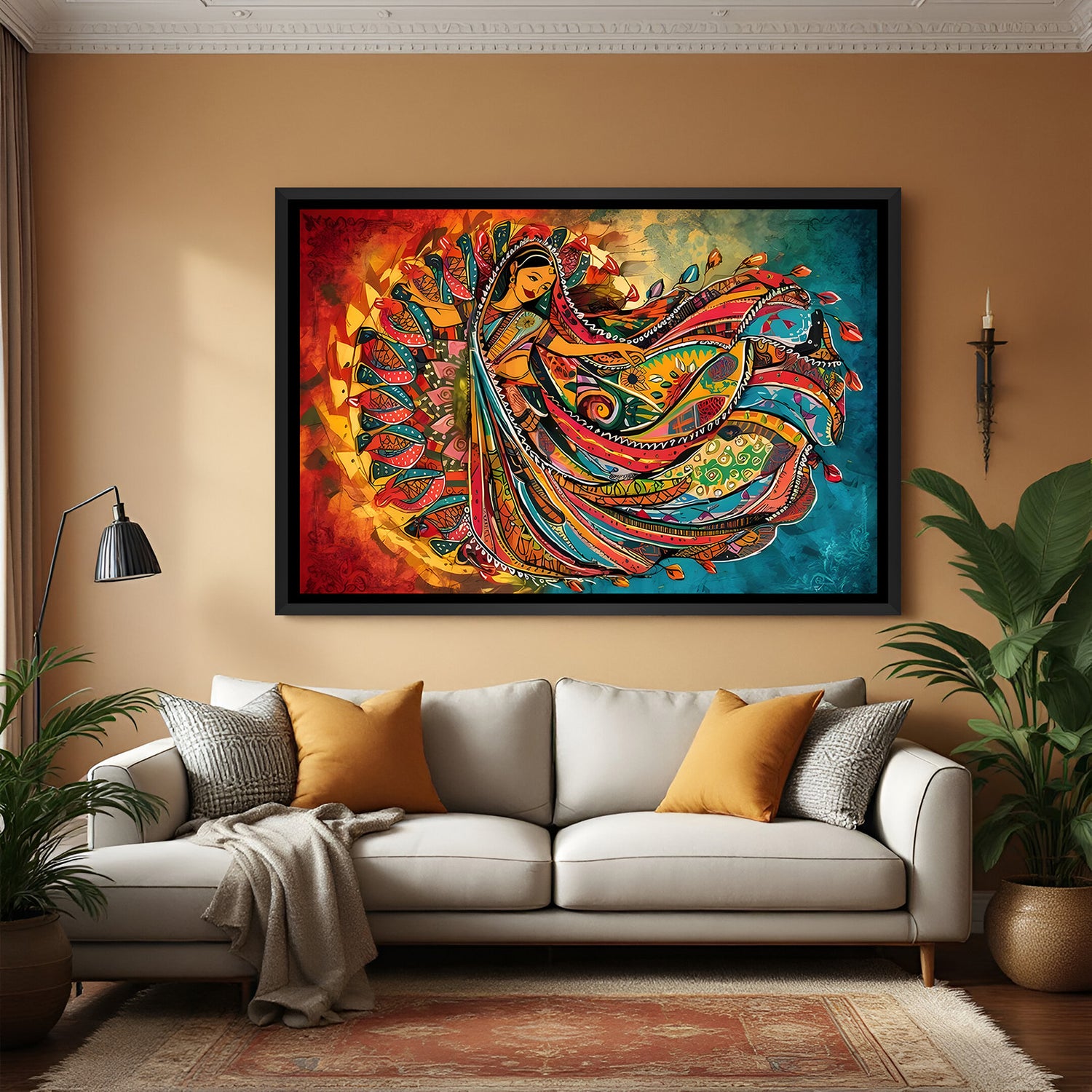 Traditional lady Kalamkari wall painting in elegant black floater frame for luxury ethnic interiors