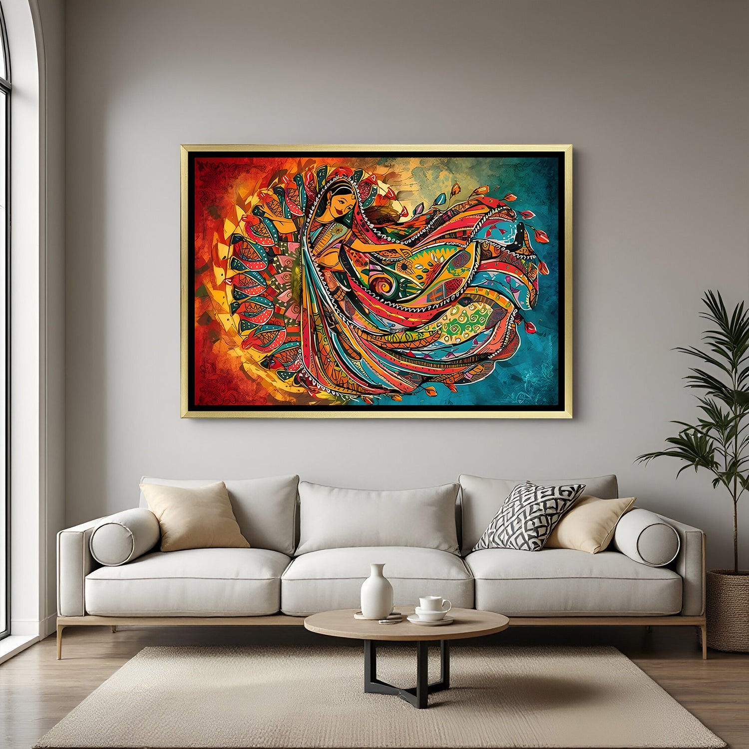 Luxury multicolor lady Kalamkari artwork in golden floater frame with vibrant traditional Indian design