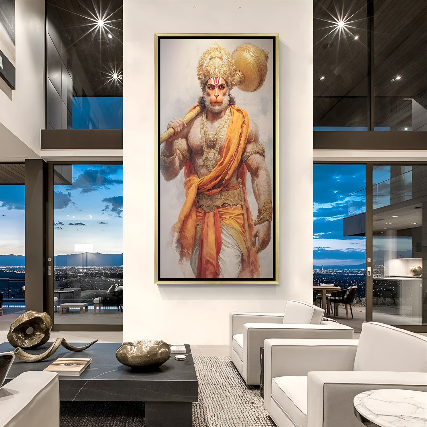 Tranquil March Hanuman painting in luxury golden floater frame featuring calm walking pose