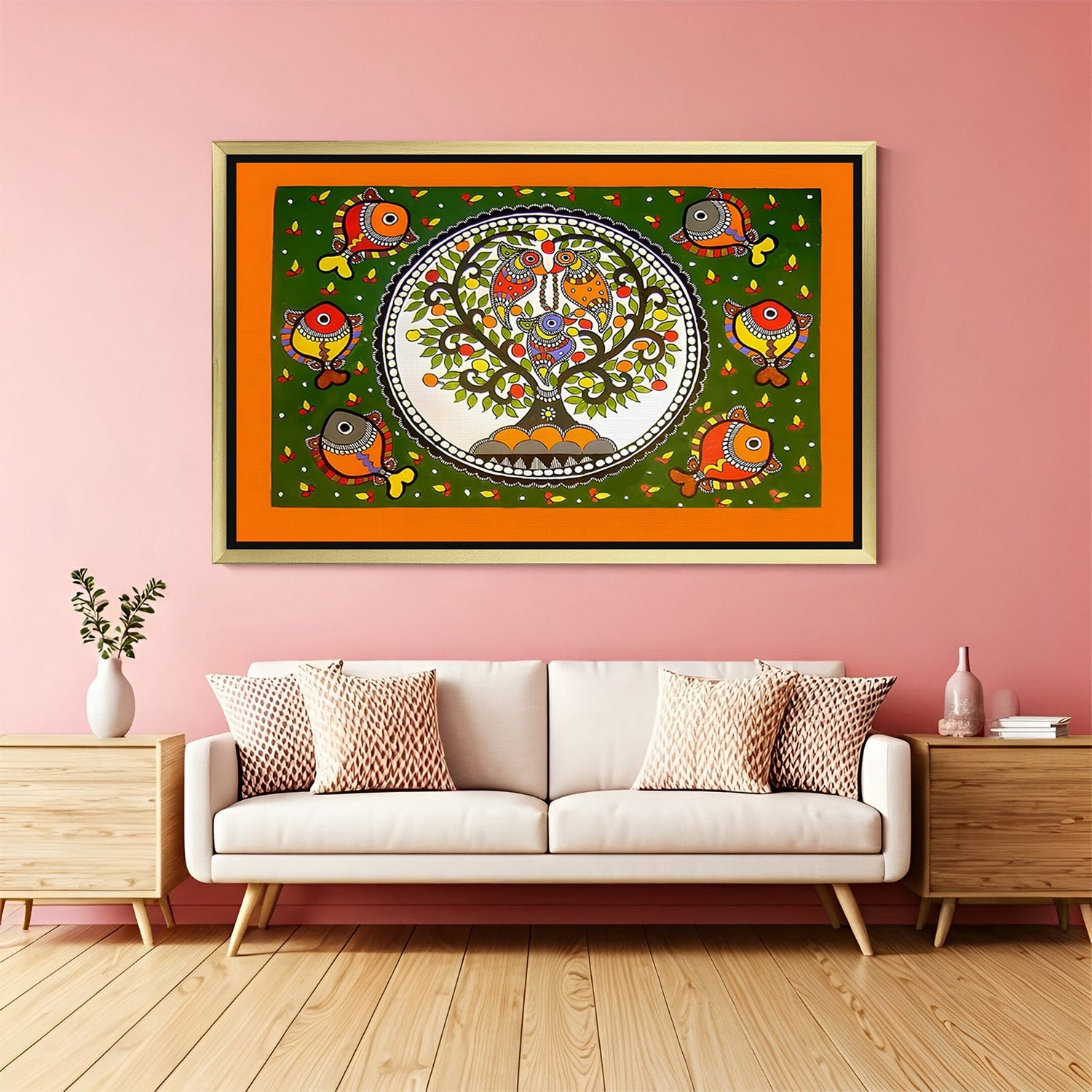 Golden frame Tree of Life Madhubani canvas painting – Indian wall art for peaceful and Vastu-inspired home and office spaces