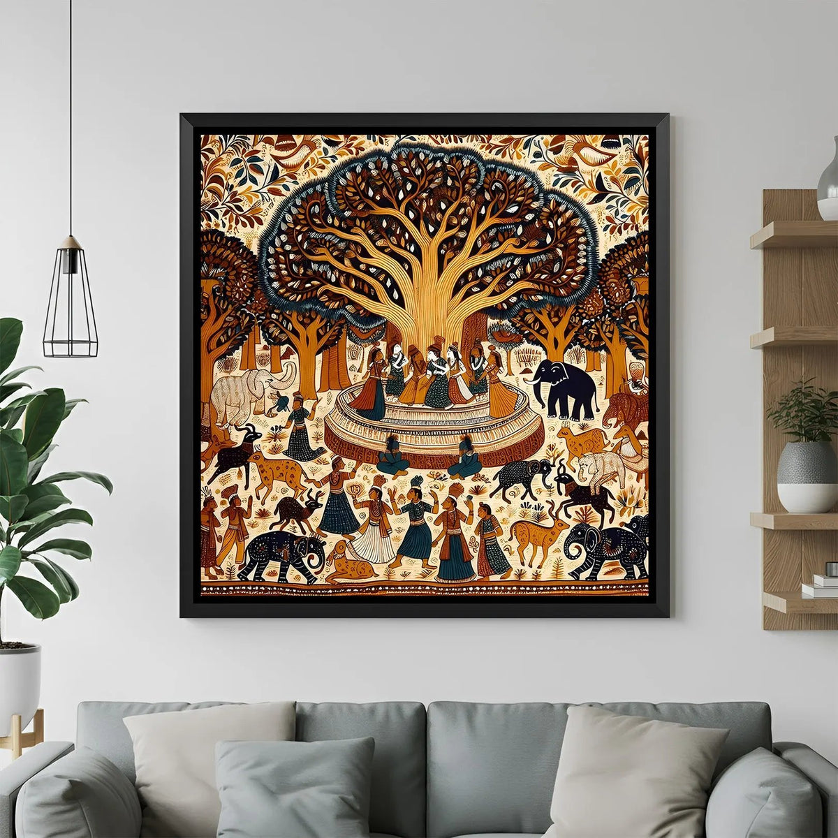 Traditional Tree of Life Kalamkari wall painting with folk art detailing in elegant black floater frame