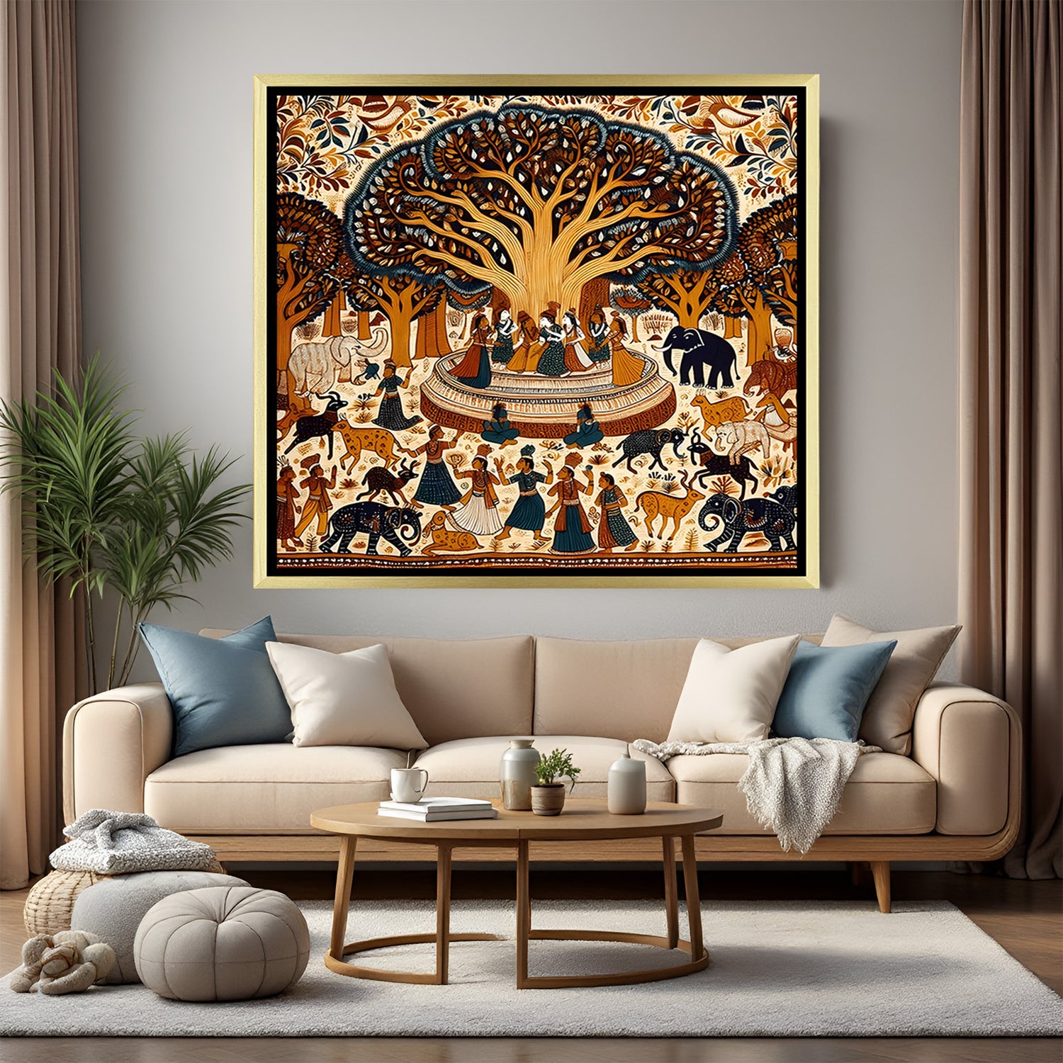 Luxury Tree of Life Kalamkari artwork with elephants and traditional Indian folk design in golden floater frame