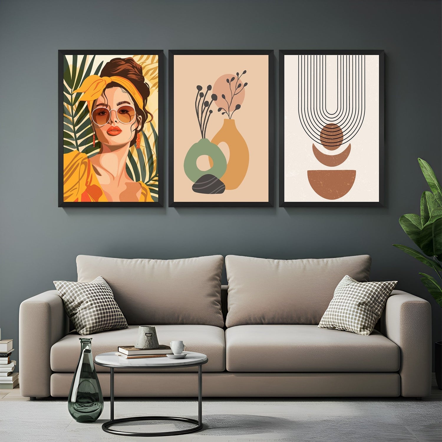 Canvas trio with fashionable girl, soft pastel botanical pots, and line-art minimal print – ideal for chic, modern bohemian home styling