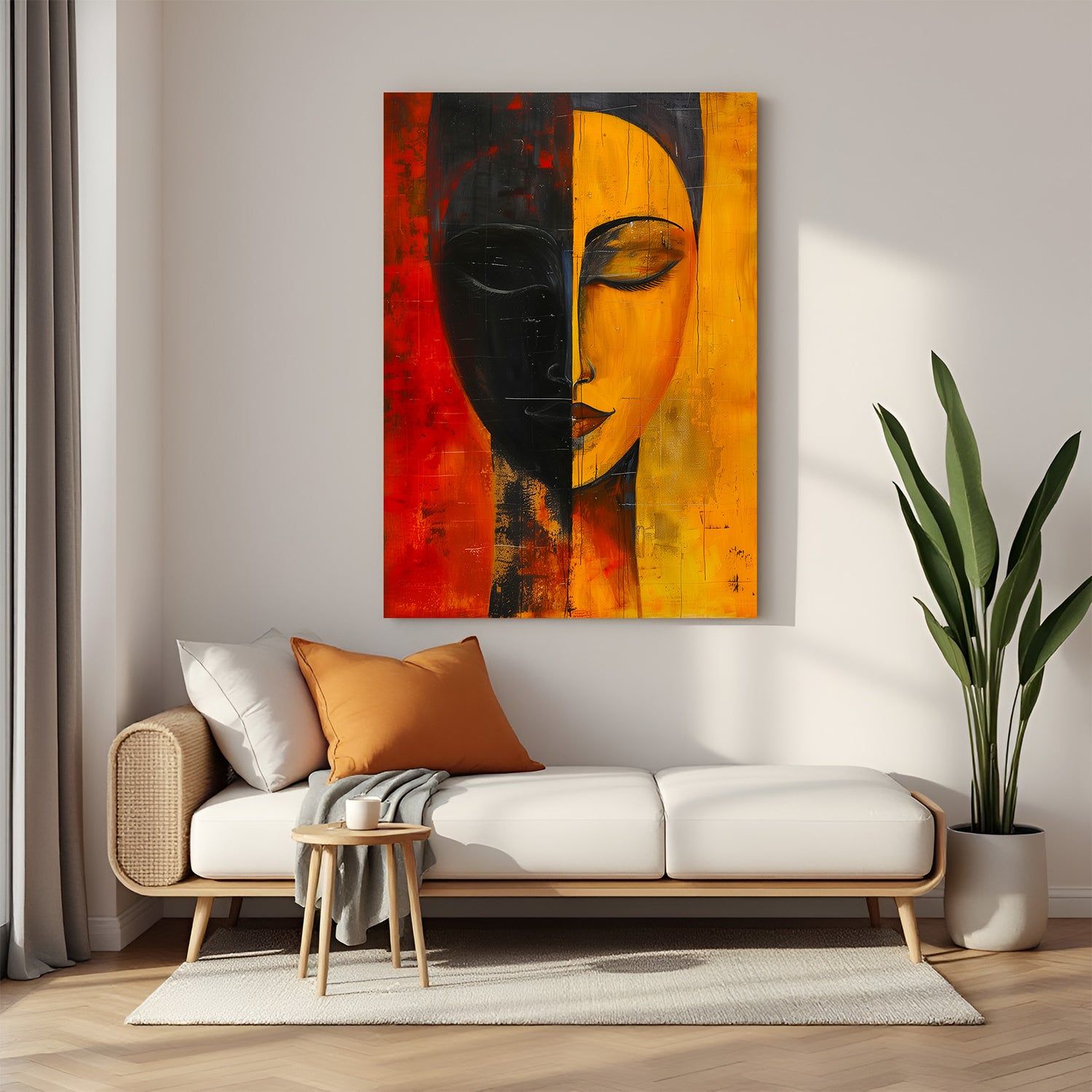 Canvas wall art of an African tribal face painted half black and half yellow-orange, perfect for ethnic, cultural, and bold interior decor
