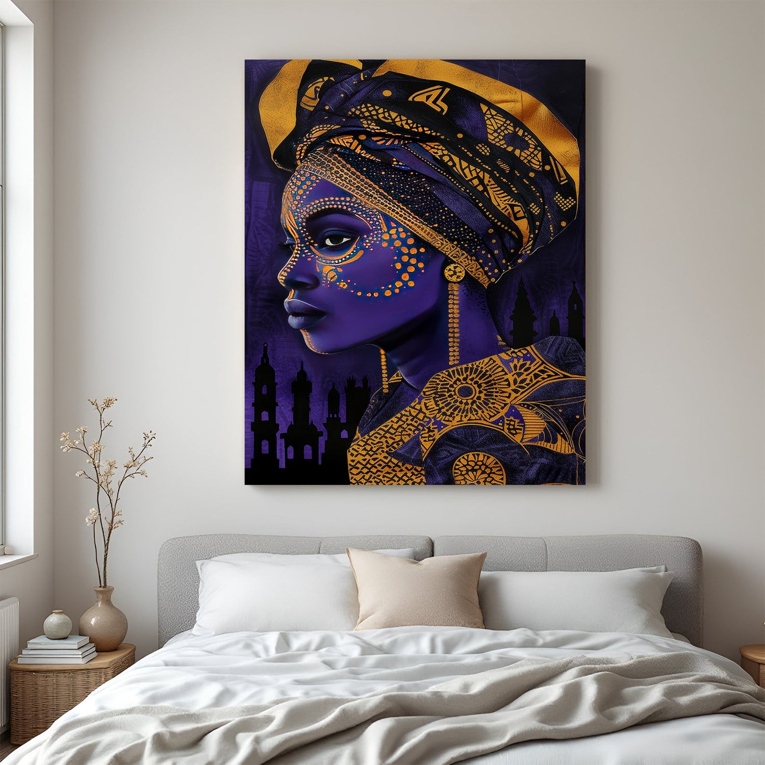 Large canvas wall art featuring a tribal girl with a purple-painted face, bold portrait style perfect for dramatic and cultural home decor