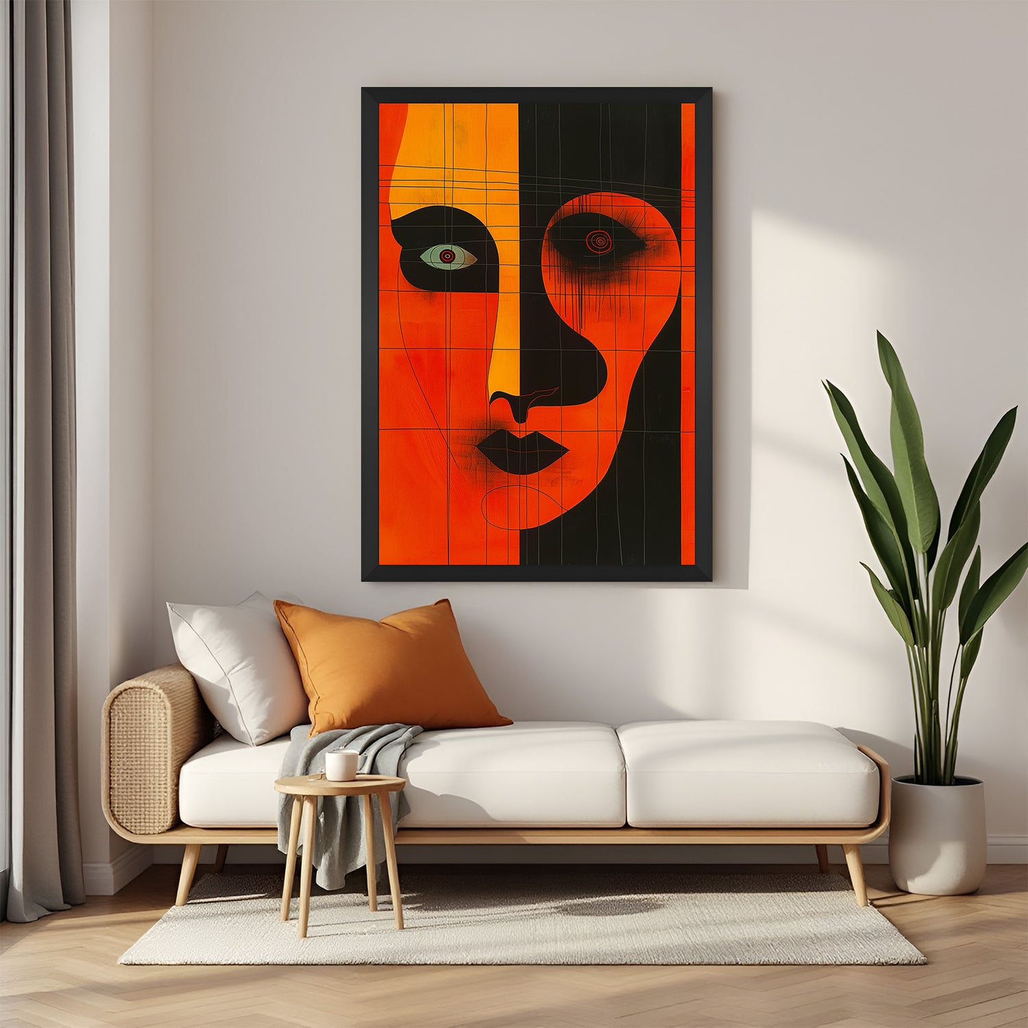 Framed canvas artwork with red and black African tribal design in black floater frame, ideal for Afrocentric and stylish interiors