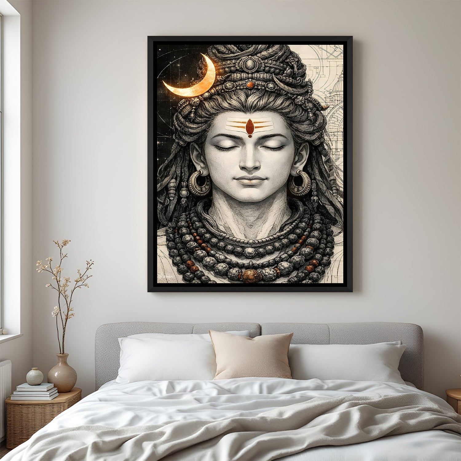 Minimalist Mahadev black and white artwork with gold moon and red third eye in elegant black floater frame