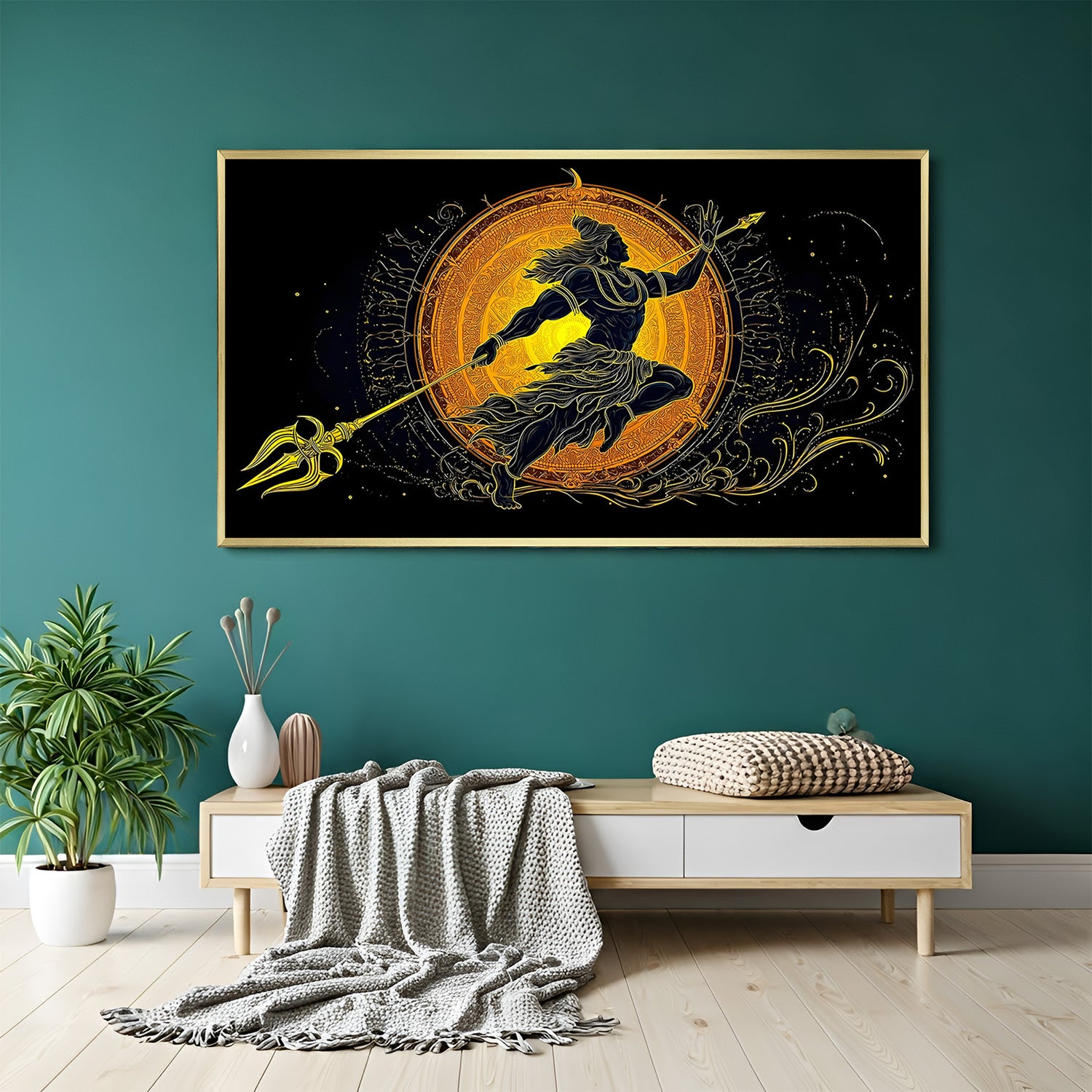 Lord Shiva with sacred Trishul artwork in luxurious golden floater frame devotional canvas decor