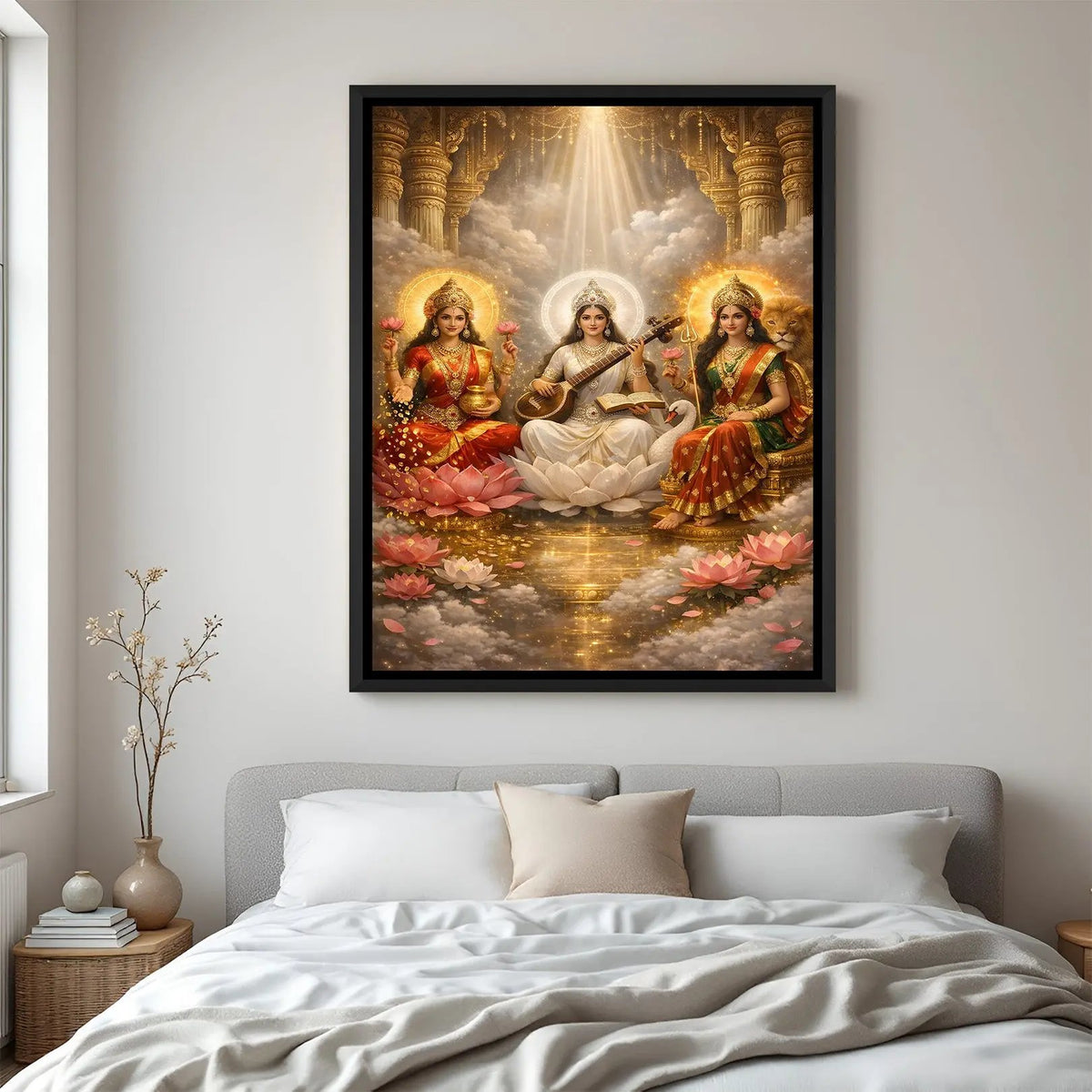 Trinity of Divine Prosperity wall painting in black floater frame featuring Lakshmi Mata, Saraswati Mata, and Sherawali Mata artwork
