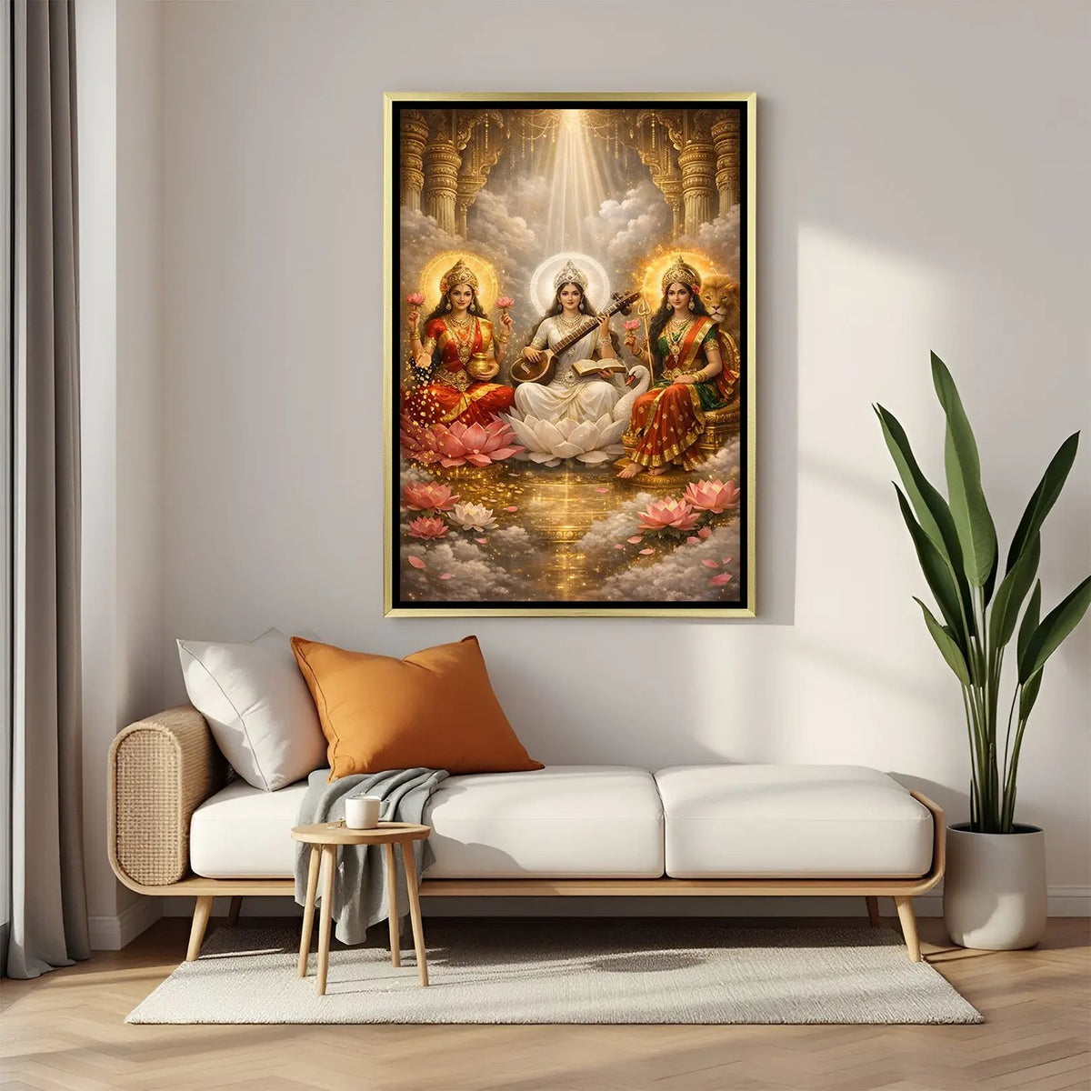 Trinity of Divine Prosperity artwork in luxury golden floater frame featuring three Hindu goddesses seated gracefully