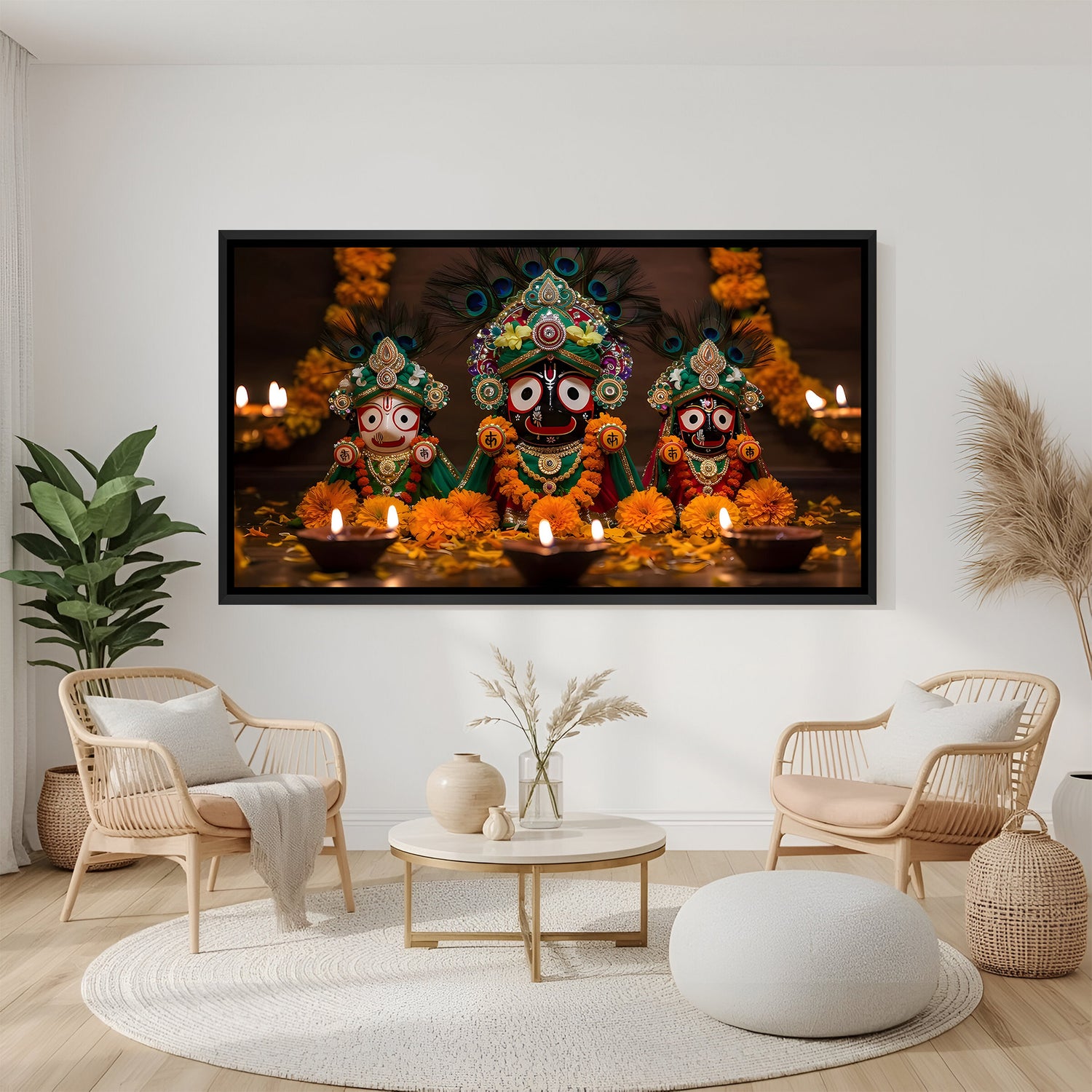 Jagannath Balabhadra and Subhadra devotional artwork in elegant black frame