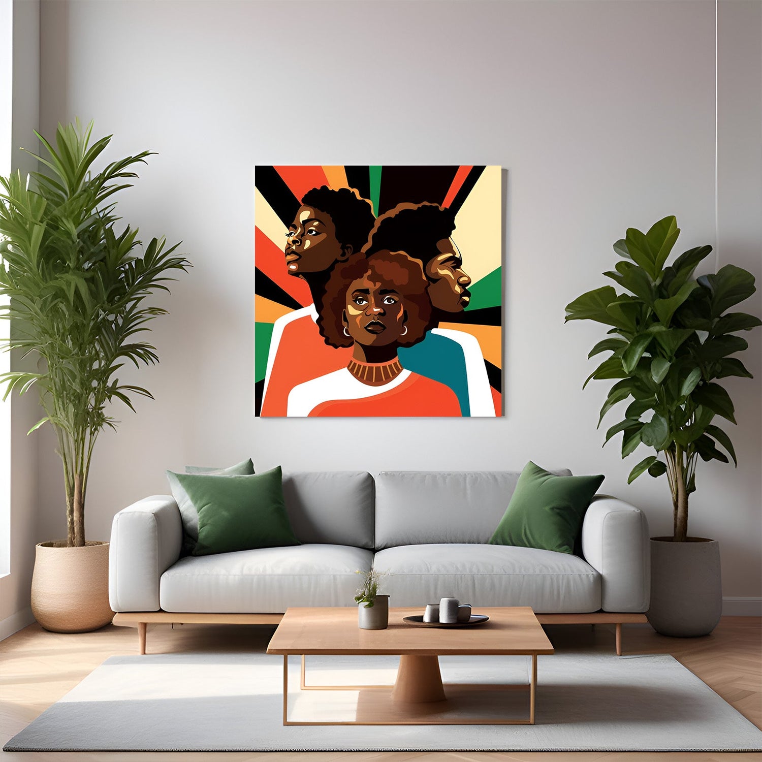 Canvas wall art of three African people standing together, symbolizing unity, tradition, and cultural pride in a painted style