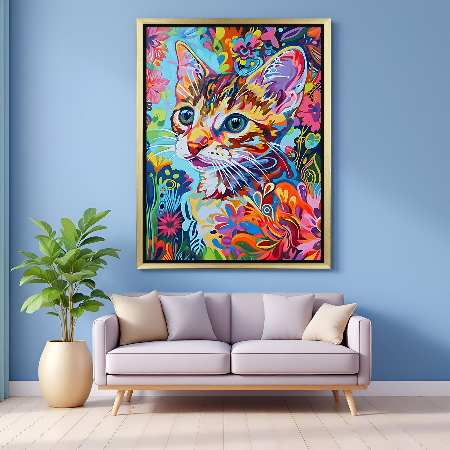 Golden framed colorful kitten wall art in trippy style, ideal for creative homes and bold interior spaces