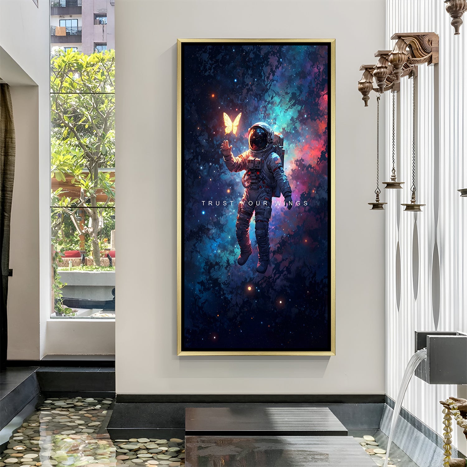 Astronaut inspirational wall art in golden flutter frame display