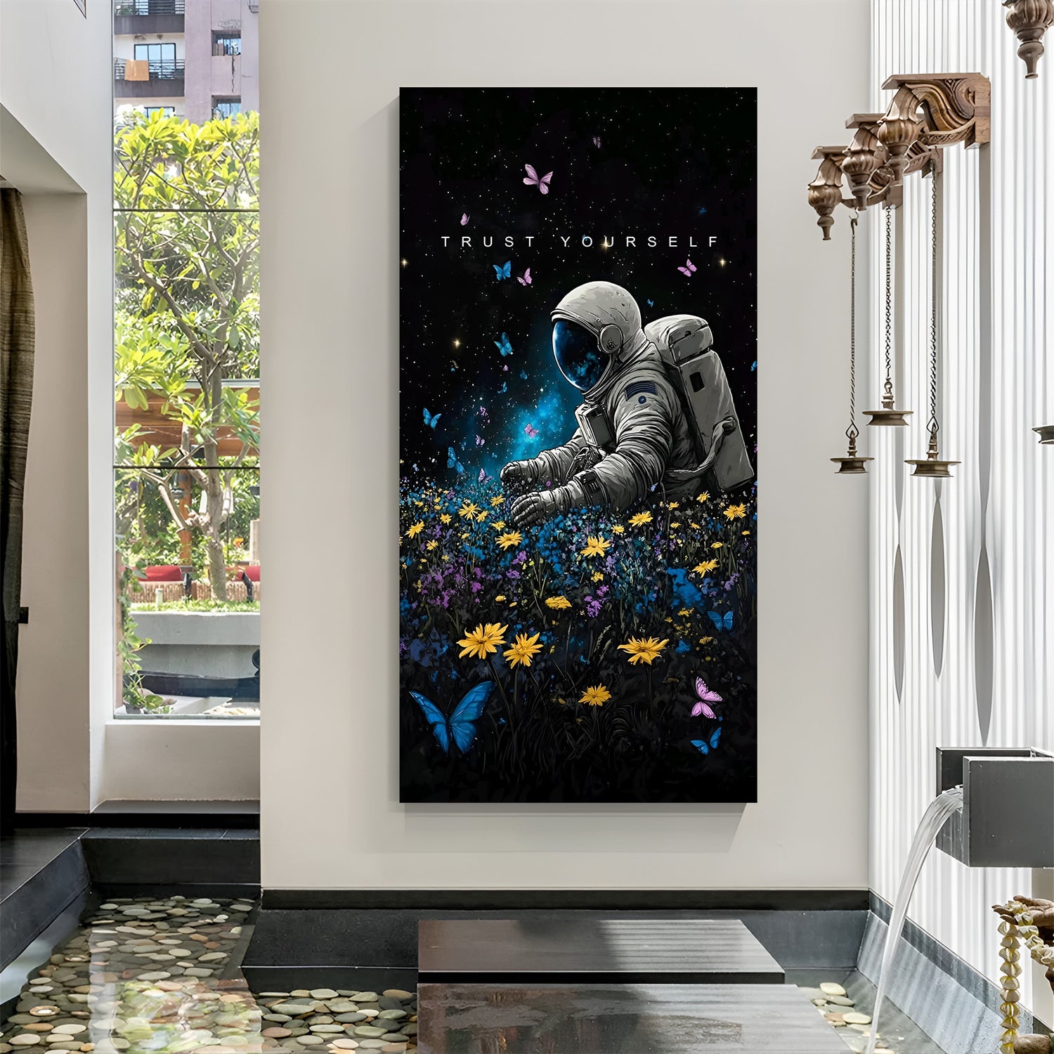 An astronaut peacefully picking flowers in a dreamy flower field with the text “Trust Yourself” – motivational space-themed canvas wall art for modern interiors.