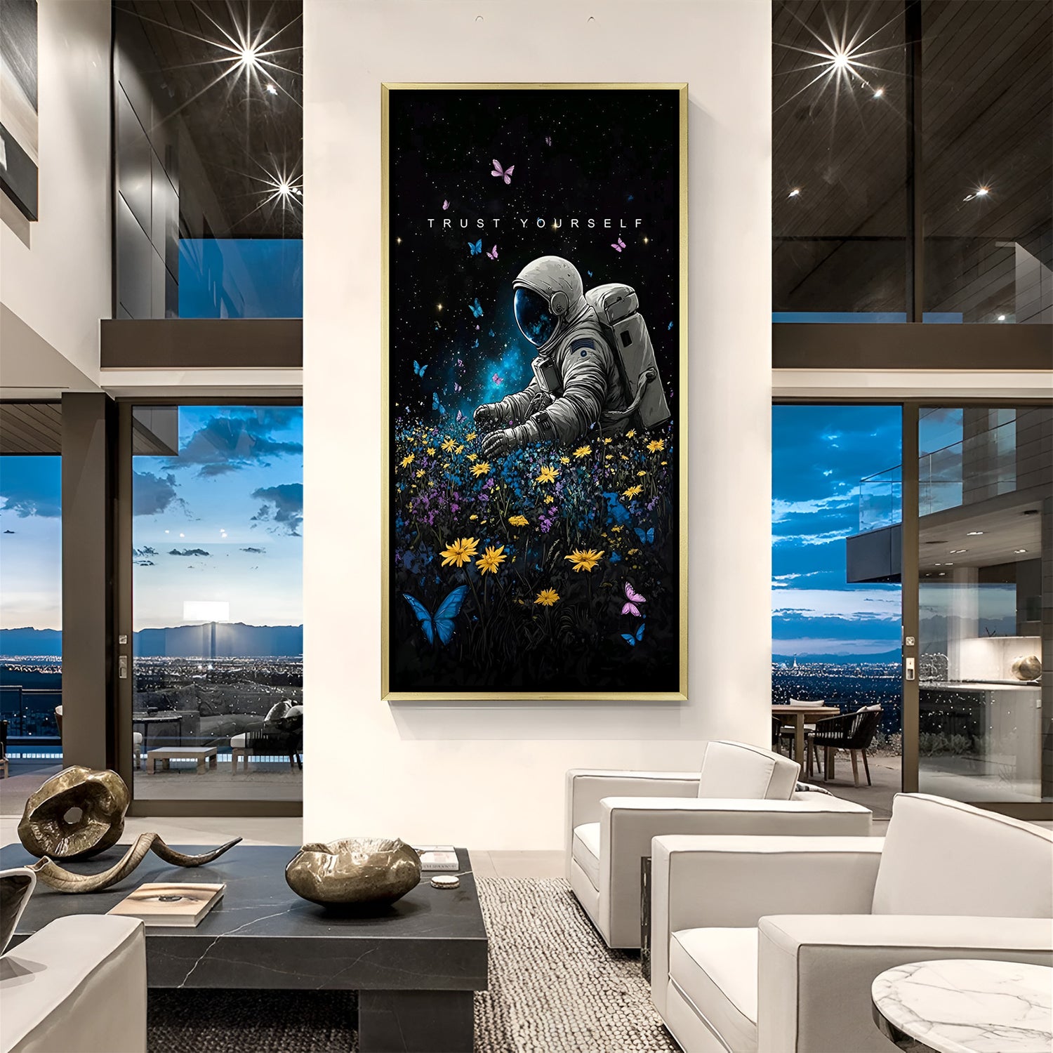 Creative astronaut artwork with message “Trust Yourself,” set in a vibrant flower field – available in black or golden floater frame for luxury home decor.