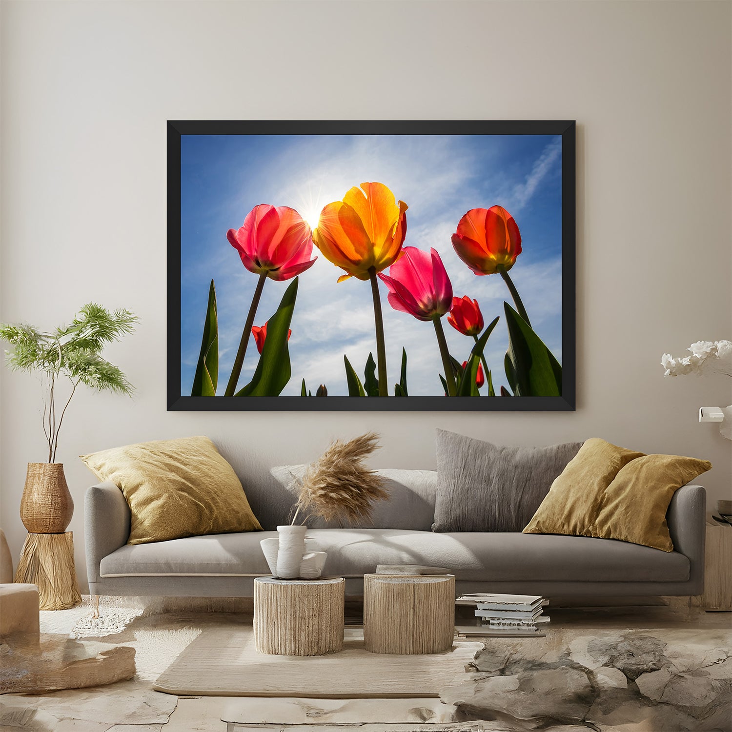Framed canvas print of colorful tulips viewed from below with black floater frame, perfect for bold and modern interior styling