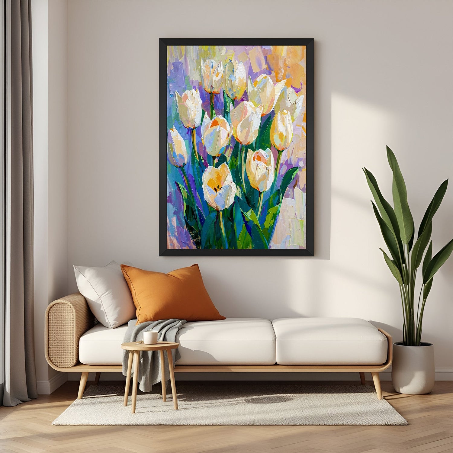 Framed wall art of artistic tulip flowers in painted style with black floater frame