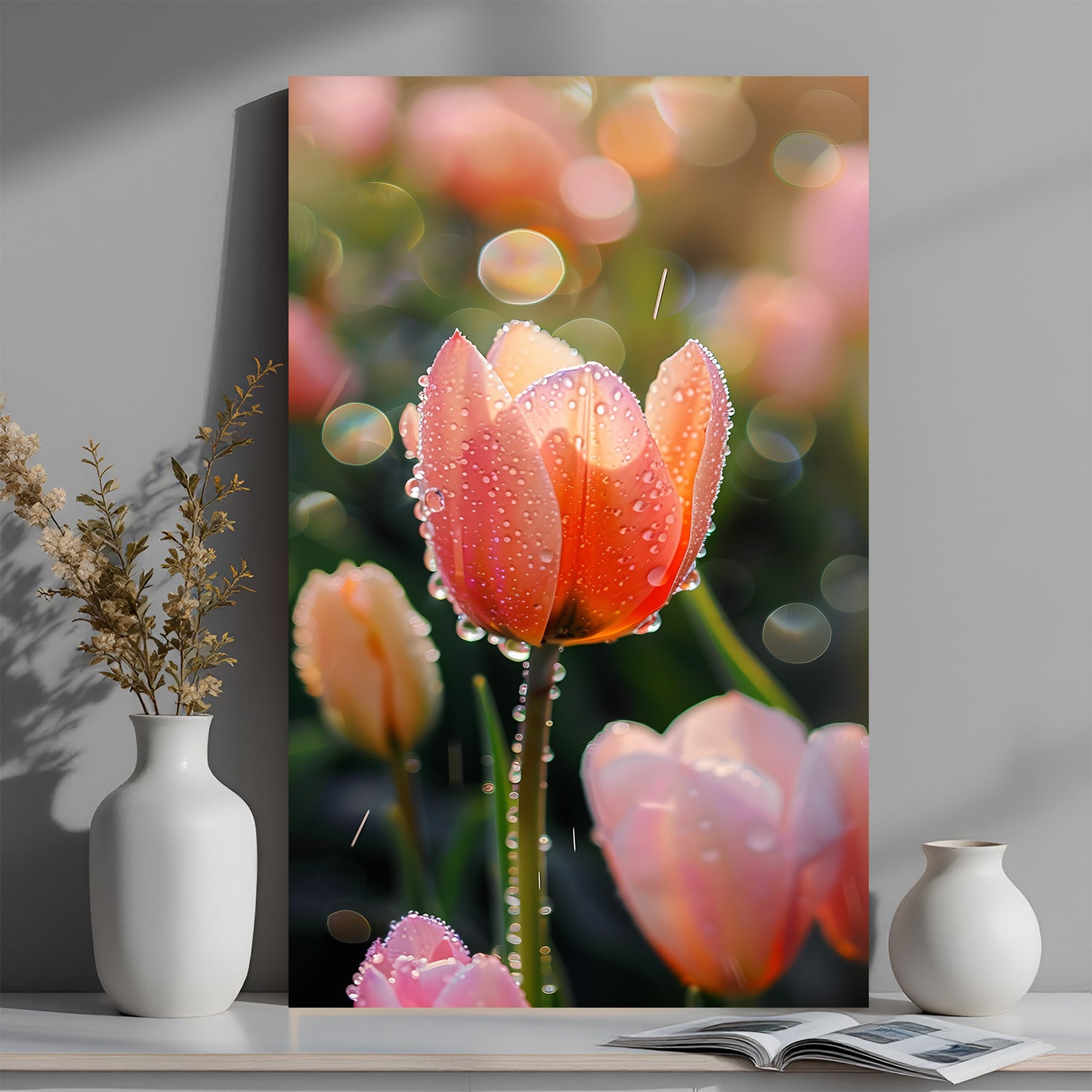 Canvas wall art showing a close-up of a tulip flower with delicate water droplets on its petals, perfect for elegant and fresh home decor