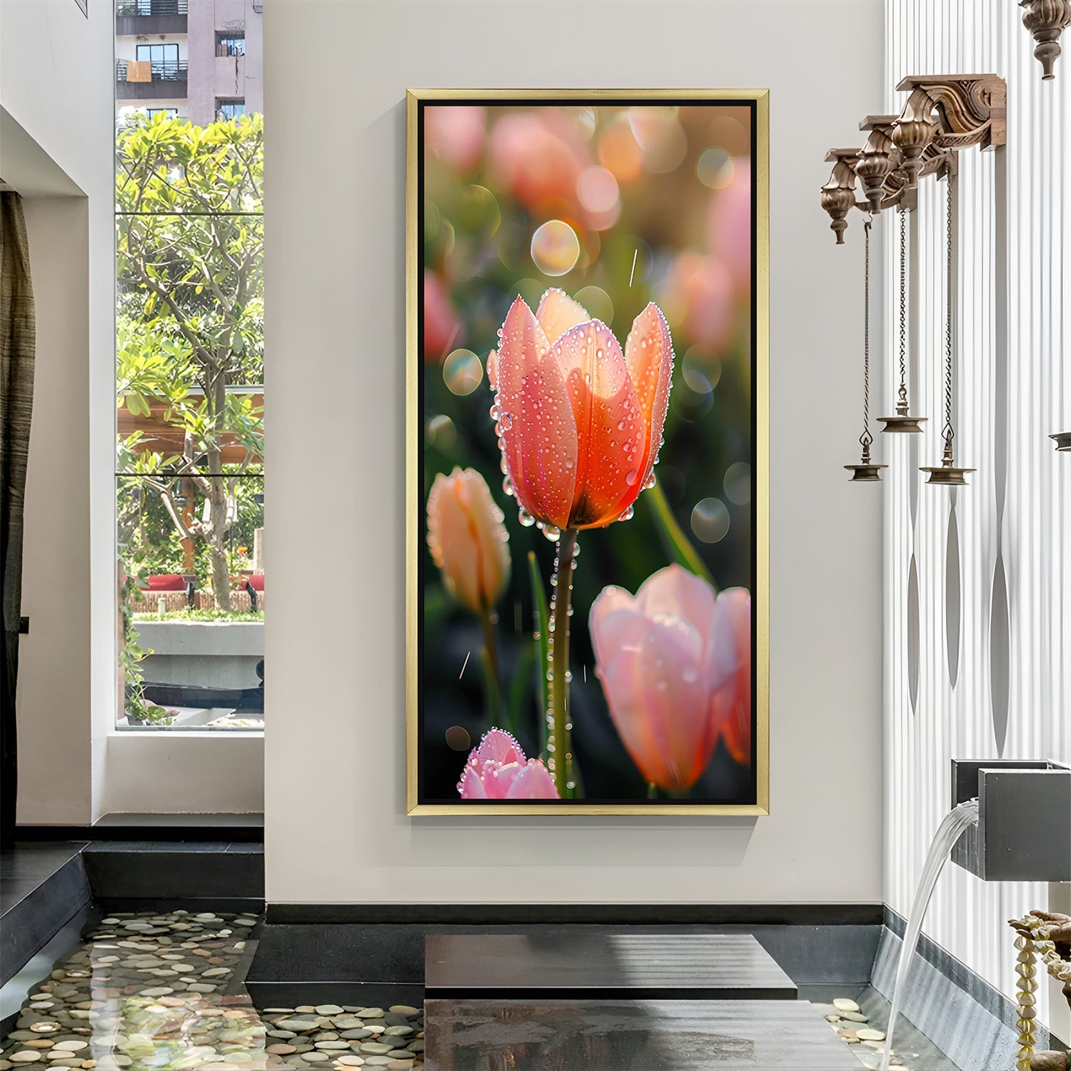 Golden-framed canvas print featuring a blooming tulip with shining water droplets for sophisticated nature-inspired wall decor