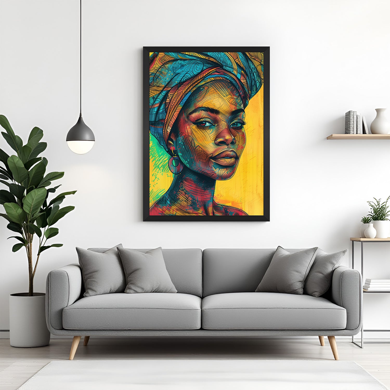 Framed canvas of African girl with turban in artistic brush style, black floater frame for clean, contemporary display