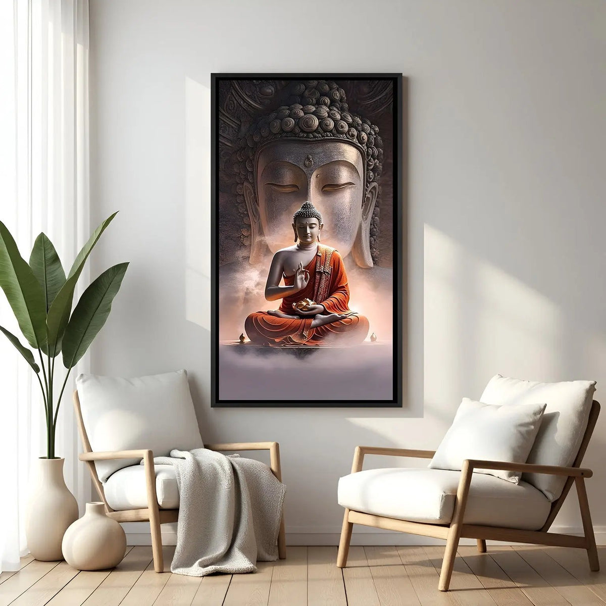 Twin Buddhas of Inner Harmony wall painting in black floater frame with serene meditation and spiritual artwork