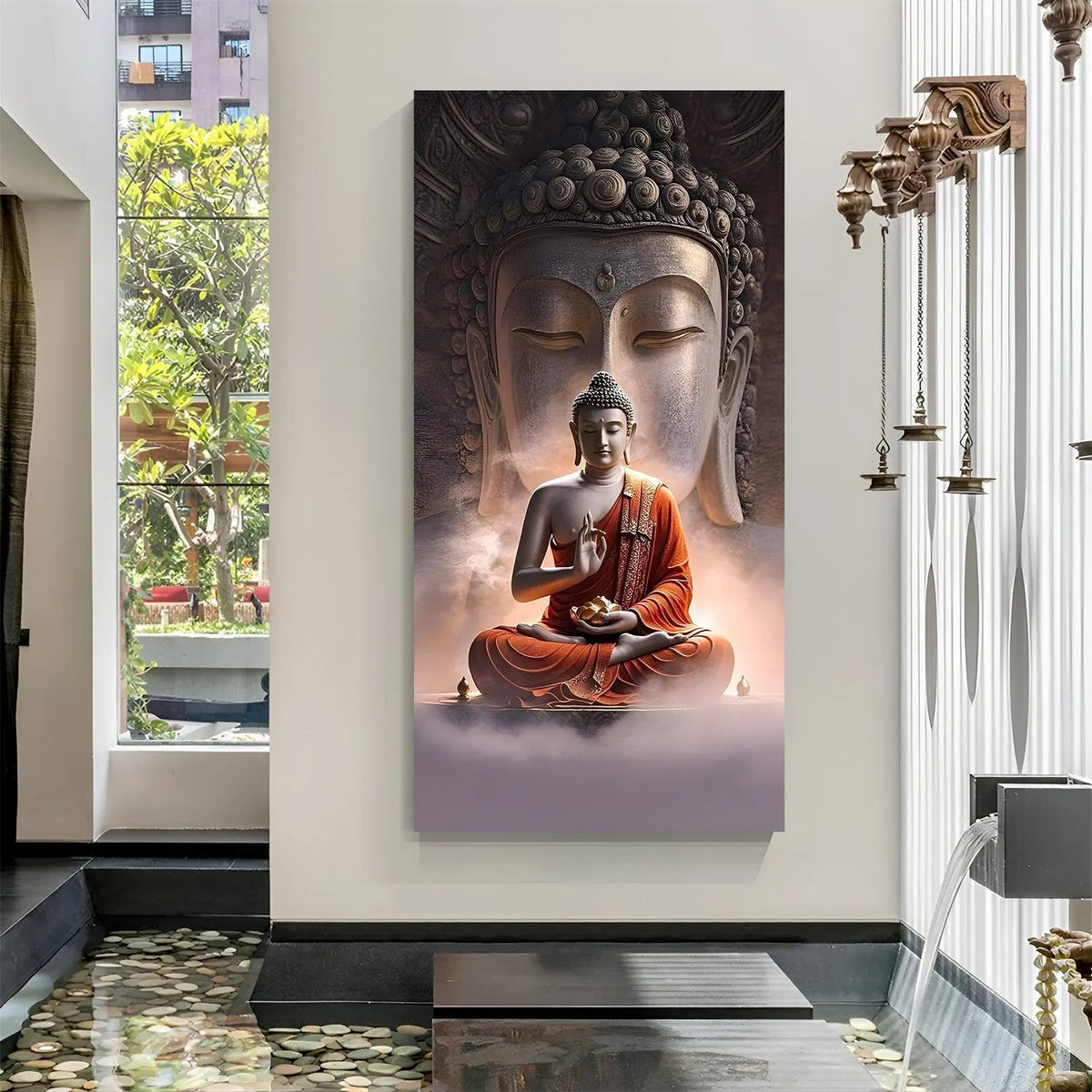 Twin Buddhas of Inner Harmony canvas wall art featuring a meditating Buddha with a second Buddha in the background in premium canvas wrapped frame