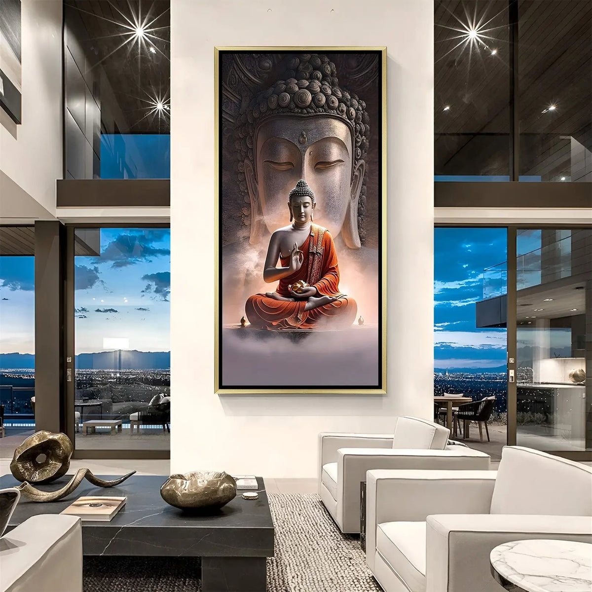 Twin Buddhas of Inner Harmony artwork in luxury golden floater frame featuring peaceful Buddha meditation design