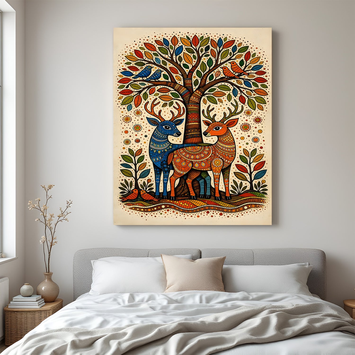 Twin deer Kalamkari canvas wall art with tree background in premium canvas wrapped frame
