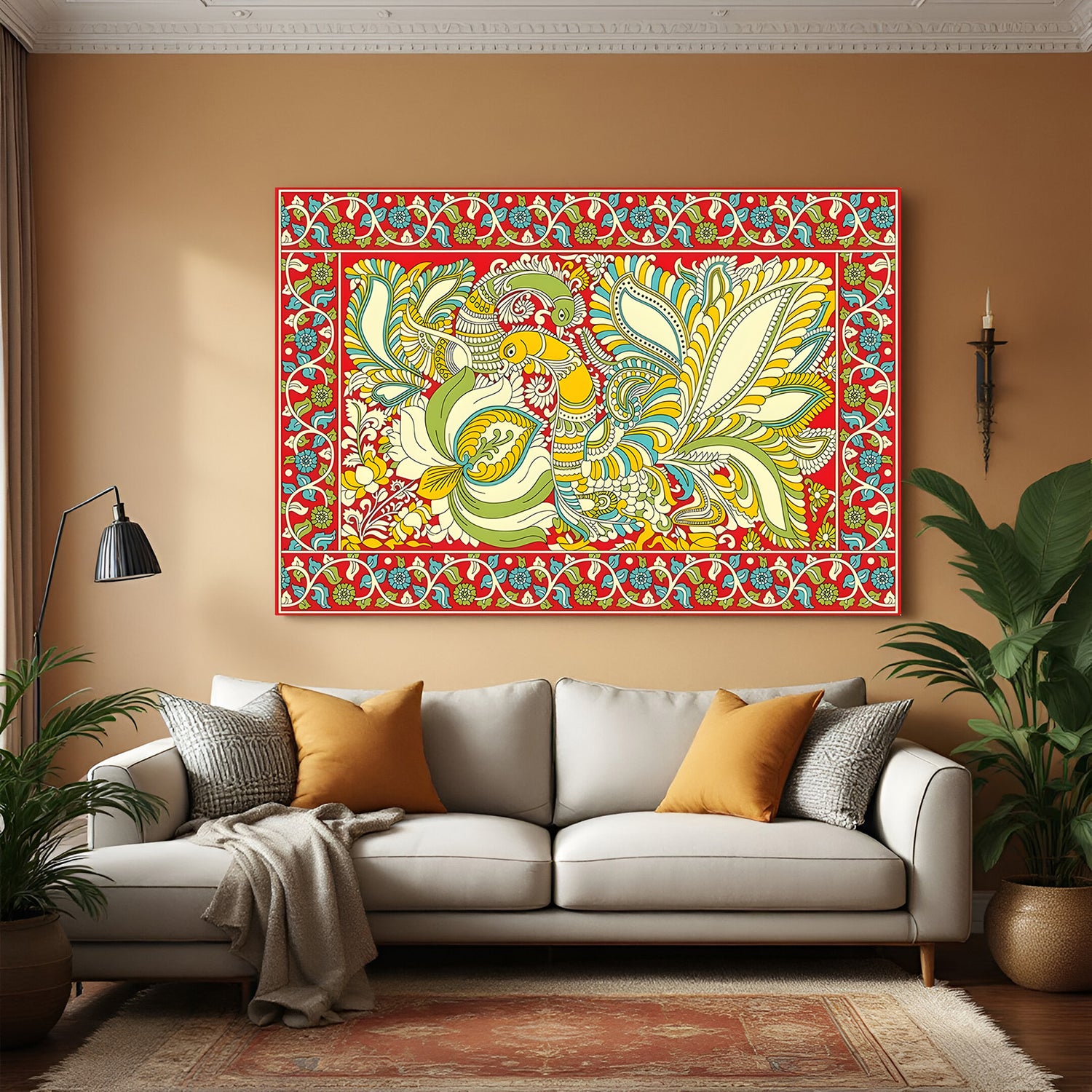 Twin peacock Kalamkari canvas wall art in premium canvas wrapped frame with intricate traditional detailing