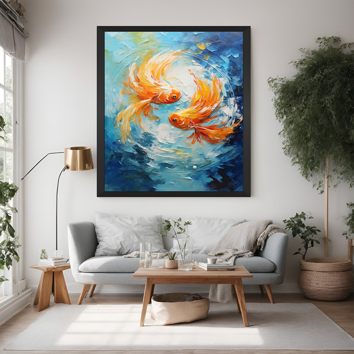 Hand-painted abstract canvas wall art of two goldfish swimming in vibrant colors, in black floater frame, Vastu painting symbolizing prosperity and positivity
