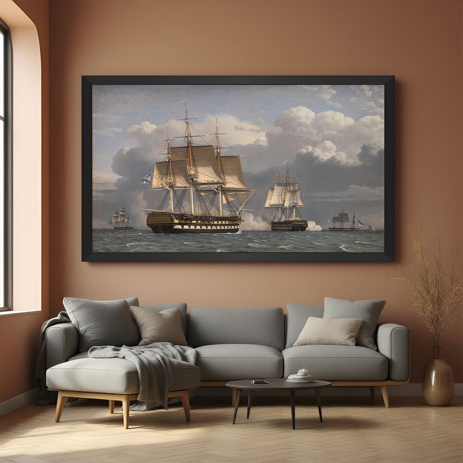 Black-framed nautical vintage canvas of Russian liners saluting—canvas printed wall art for historical and coastal spaces