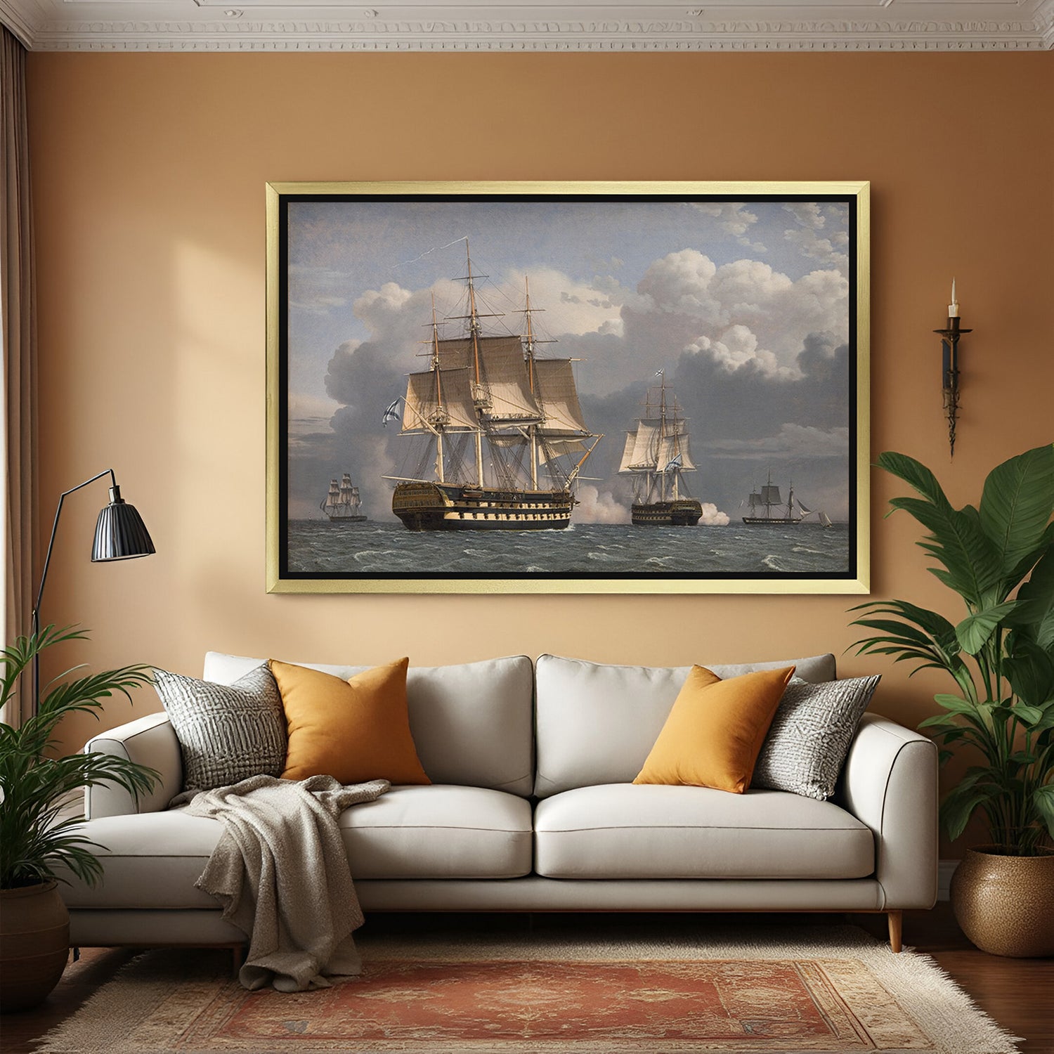 Golden-framed ancient-style wall art of Two Russian Liners—vintage naval decor for marine-inspired interiors
